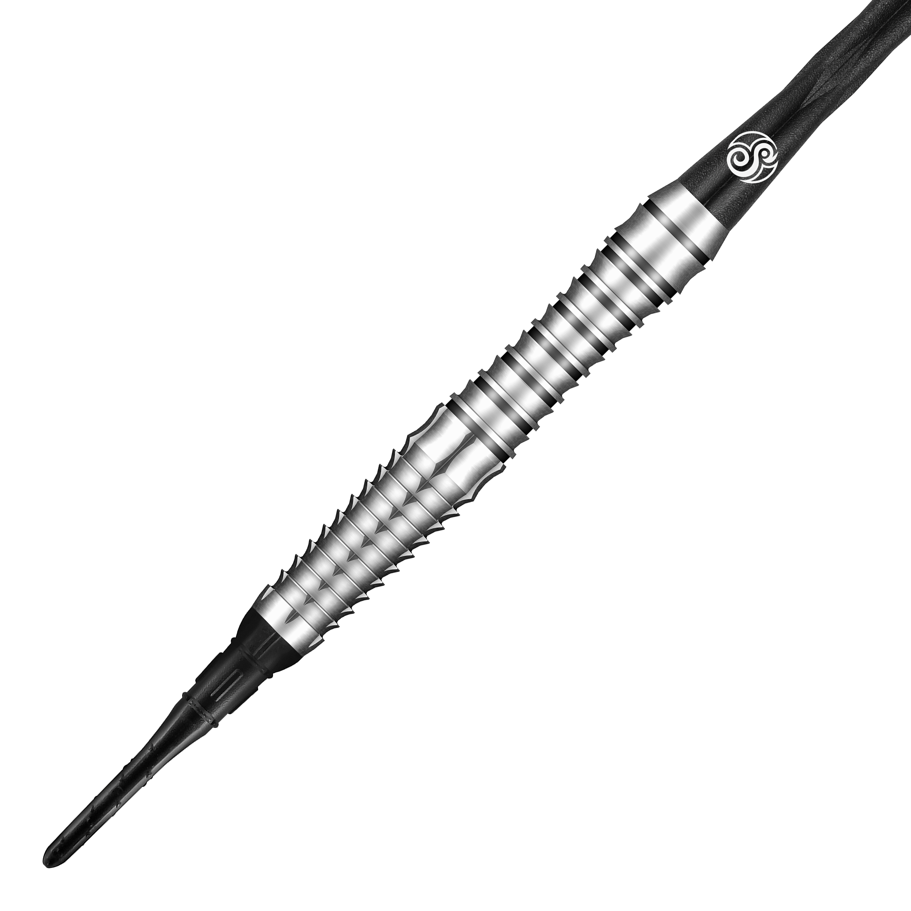 Das Bild zeigt einen Shot Tribal Weapon Toki Softdart. Der Dart ist silberfarben mit markanten Rillen und einem schwarzen Schaft.