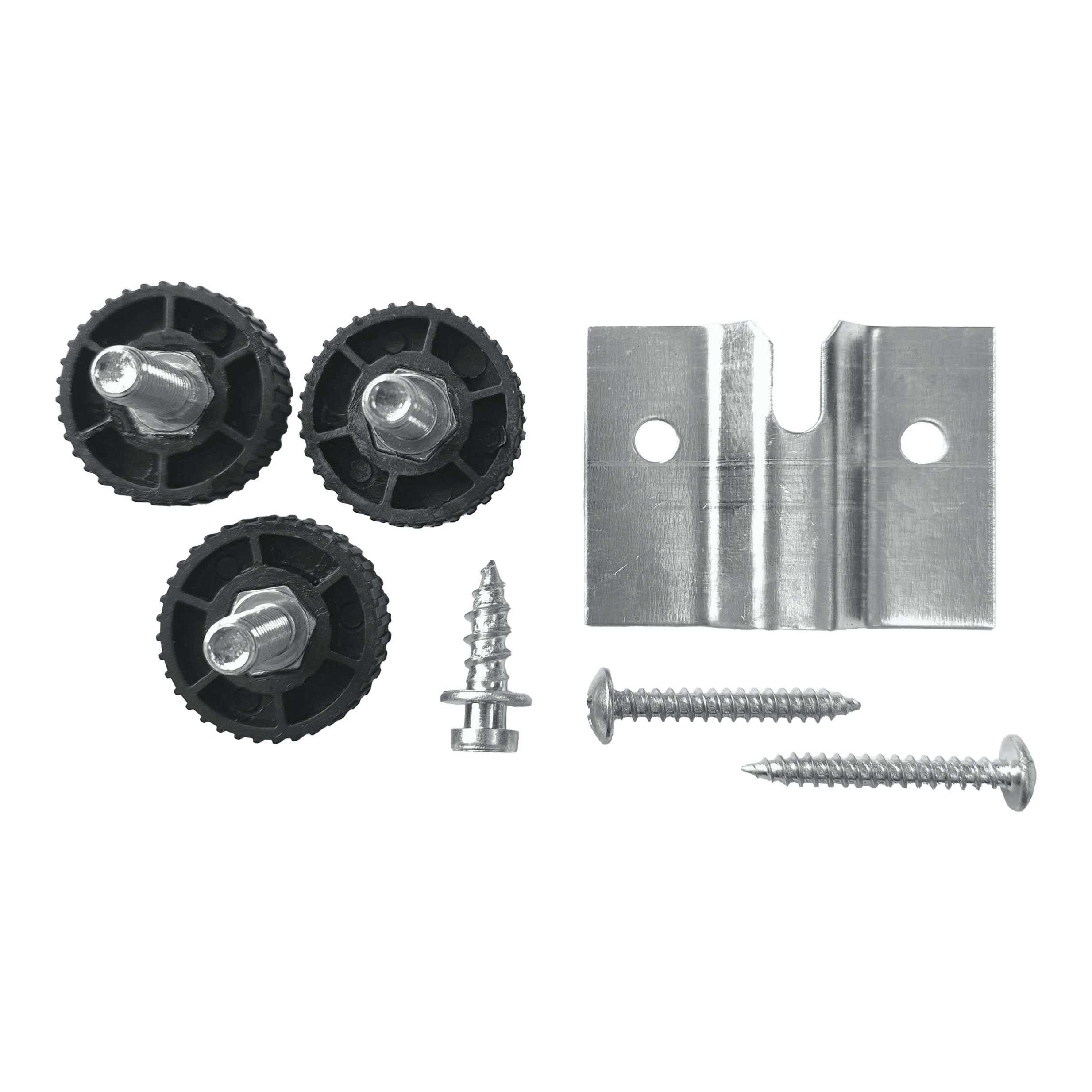 Winmau Rota-Lock Blade 6 wall mount Das Bild zeigt das Winmau Rota-Lock Blade 6 Wandhalterungs-Set mit drei schwarzen Einstellrädern, einer Metallhalterung und Schrauben. Diese Teile werden verwendet, um ein Dartboard sicher an der Wand zu befestigen.