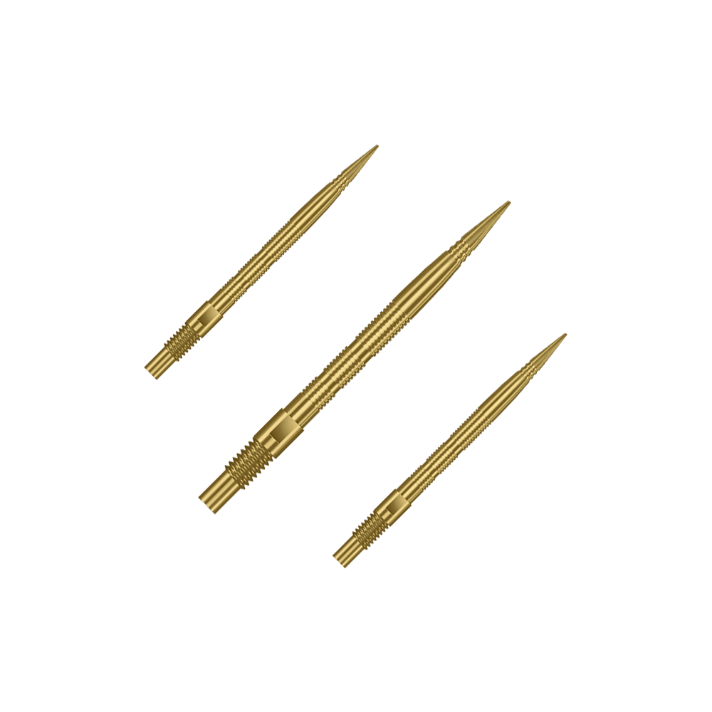 Harrows Quick Point Micro Ridge Dart Tips - Gold Das Bild zeigt mehrere goldene Dartspitzen. Die Spitzen sind wahrscheinlich vom Typ Harrows Quick Point MicroRidge, 26mm lang.