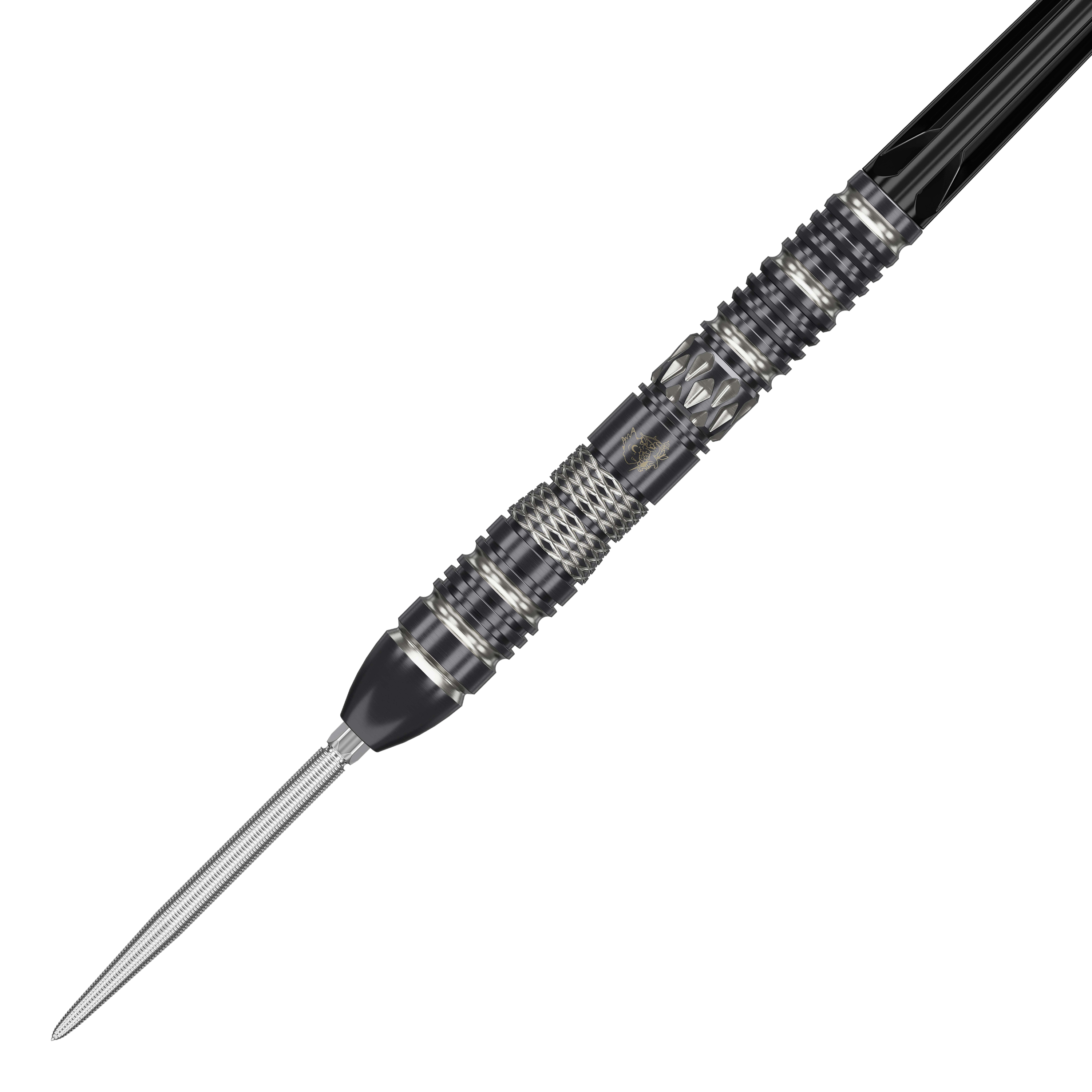 Das Bild zeigt einen hochwertigen Steeldart mit schwarzem und silbernem Design. Der Dart hat eine markante, strukturierte Griffzone und eine spitze Metallspitze.