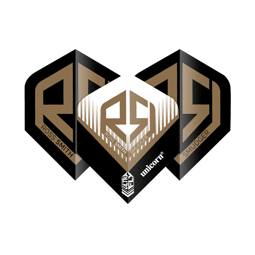 Unicorn Ultrafly 100 Ross Smith Plus Flights Das Bild zeigt die "Unicorn Ultrafly 100 Ross Smith Plus Flights" mit einem markanten goldenen RS-Logo auf schwarzem Hintergrund. Auf den Flights stehen die Namen "Ross Smith" und "Smudger" sowie das Unicorn-Logo.