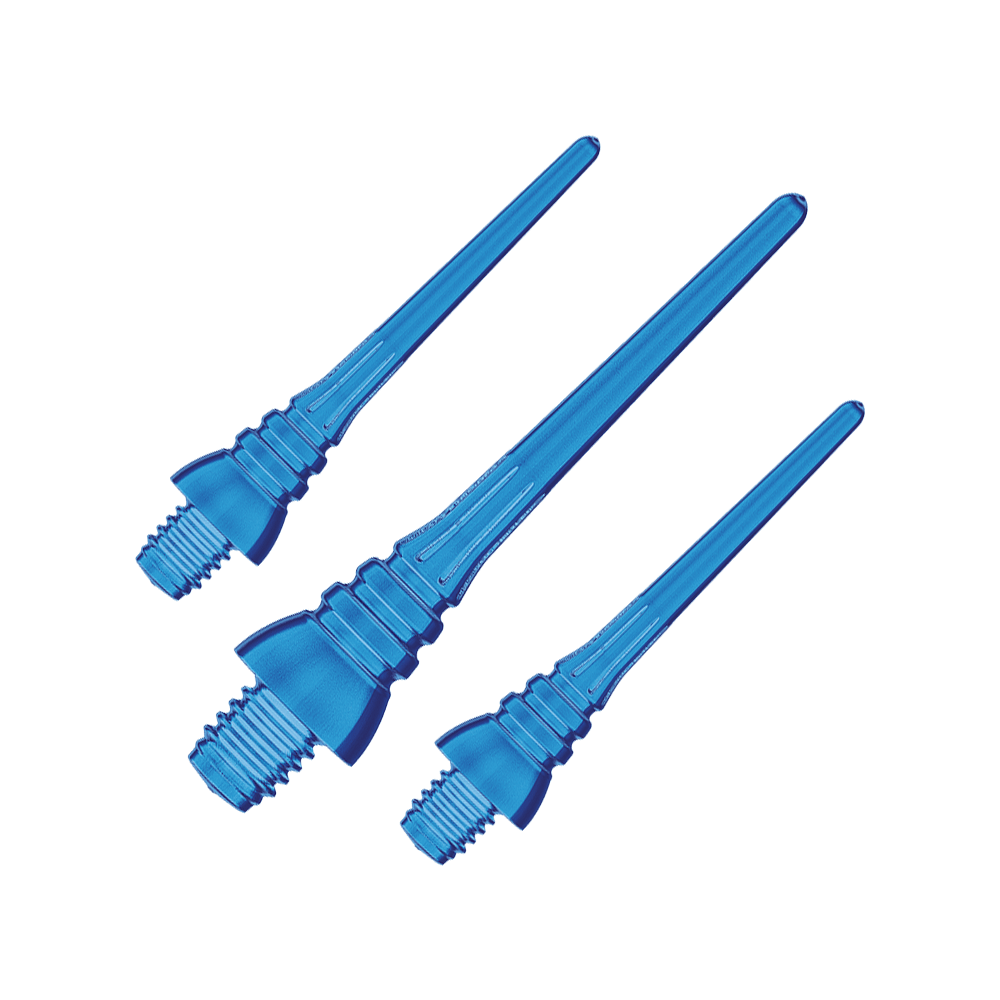 Winmau Triton Softtip Points Softdartspitzen (50-er Pack) Das Bild zeigt drei azurblaue Softdartspitzen mit Gewinde. Sie sind aus Kunststoff und eignen sich zum Einschrauben in Softdarts.
