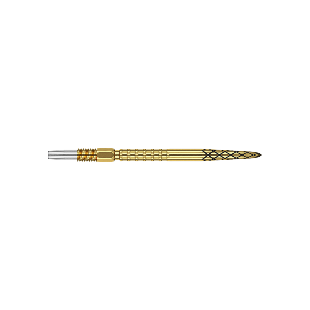 Target Swiss DS Surge Point Dart Tips - Gold Das Bild zeigt eine goldfarbene Dartspitze mit einem feinen Rautenmuster. Der hintere Teil der Spitze ist silberfarben und geriffelt.