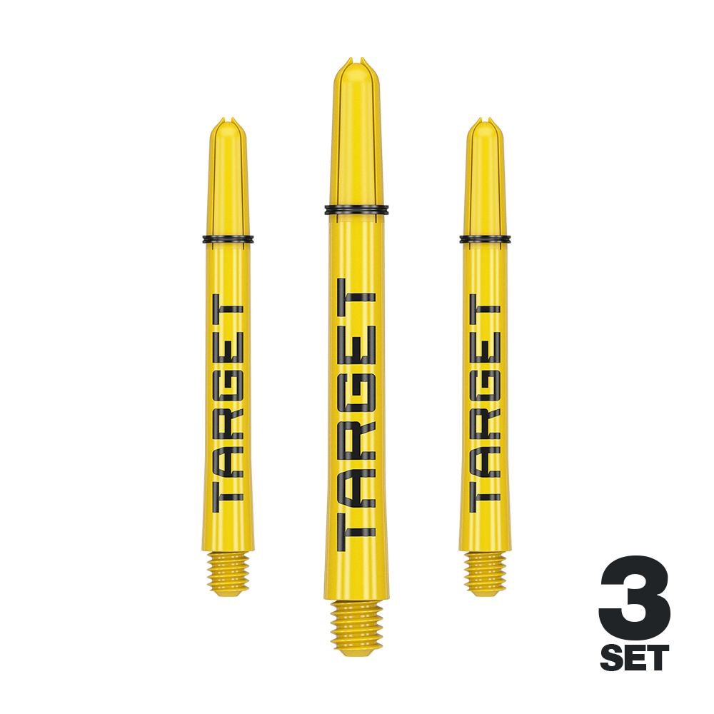 Target Pro Grip TAG Shafts - 3 Sets - Yellow Auf dem Bild sind drei gelbe Dartschäfte der Marke Target zu sehen. Unten rechts steht "3 Set", was auf ein Set aus drei Teilen hinweist.