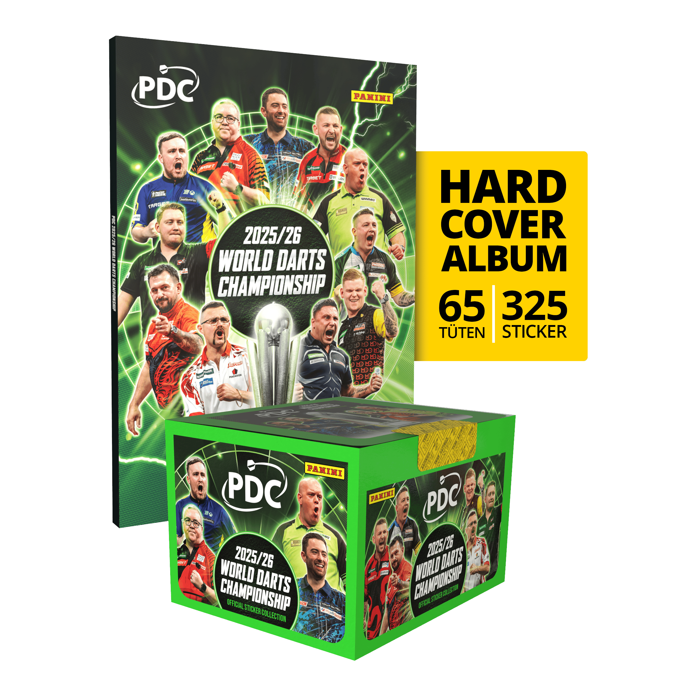 Panini PDC World Darts Championship 2025/26 - Hardcover Bundle with a sticker box Auf diesem Bild ist das Panini PDC World Darts Championship 2025/26 Hardcover Bundle mit einer Stickerbox zu sehen. Das Bundle enthält ein Hardcover-Sammelalbum und eine Box mit Stickern.