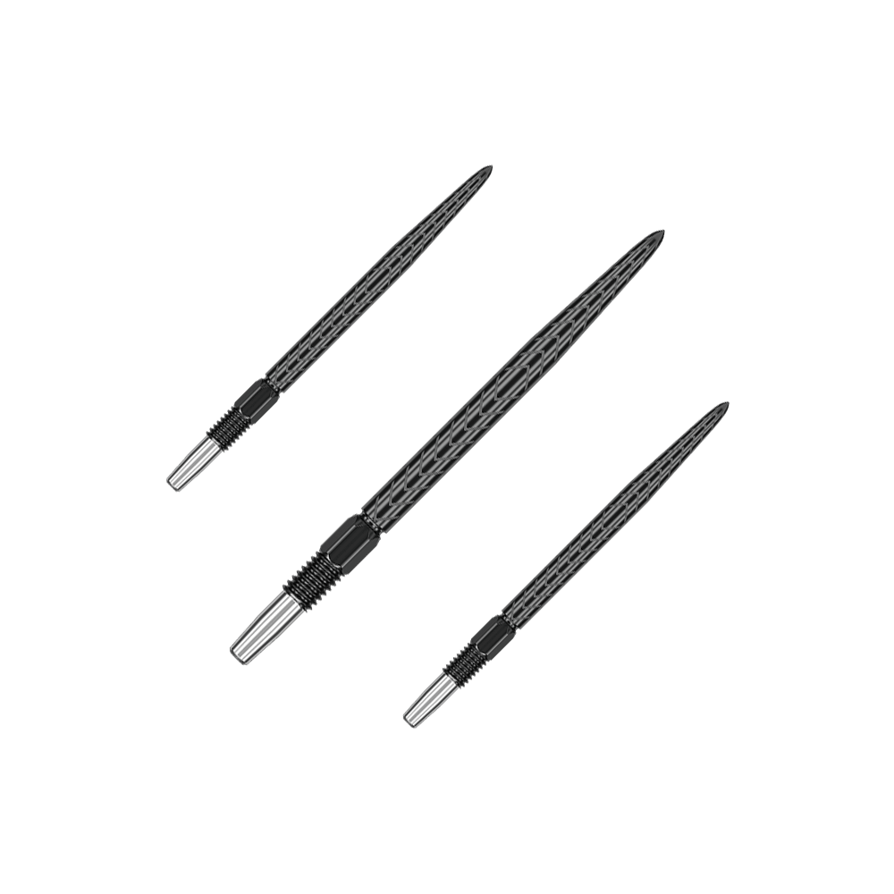 Target Swiss Point RVE dart tips - Black Das Bild zeigt drei schwarze Dartspitzen mit einem silbernen Gewindeende. Sie sind nebeneinander auf einem neutralen Hintergrund angeordnet.