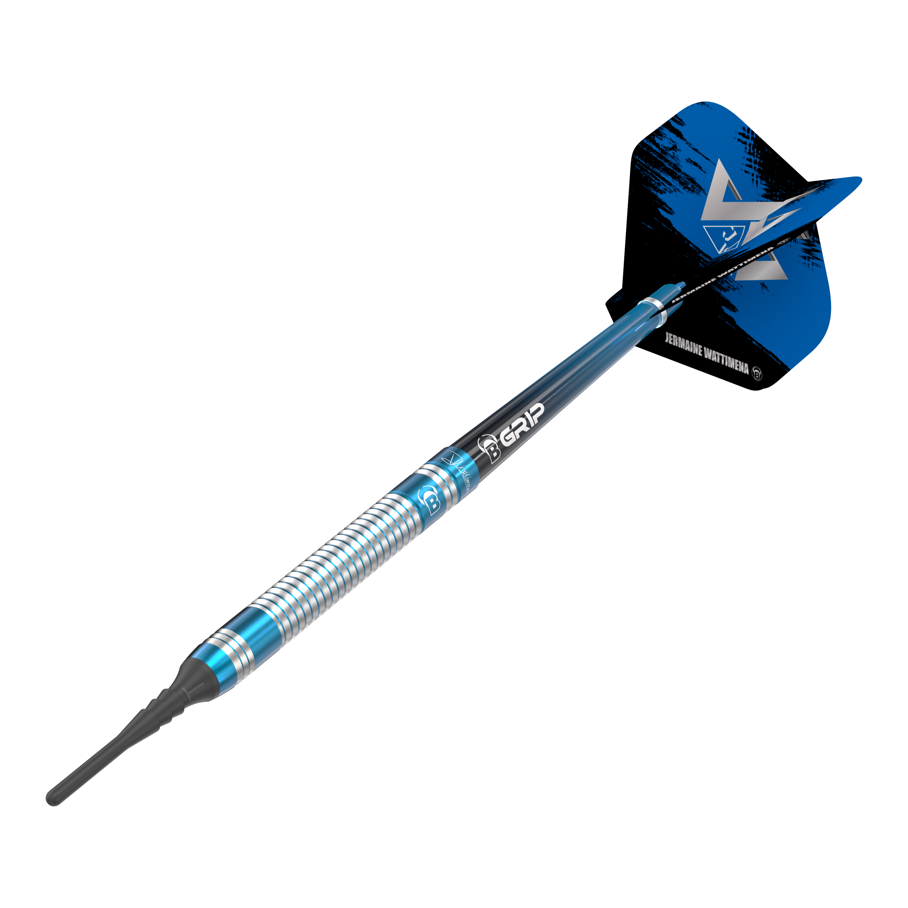 Bulls Jermaine Wattimena Generation 3 Soft Darts - 20g Das Bild zeigt einen Bulls Jermaine Wattimena Generation 3 Softdart mit einem Gewicht von 20g. Der Dart hat ein silbernes und blaues Design mit schwarzem Flight.