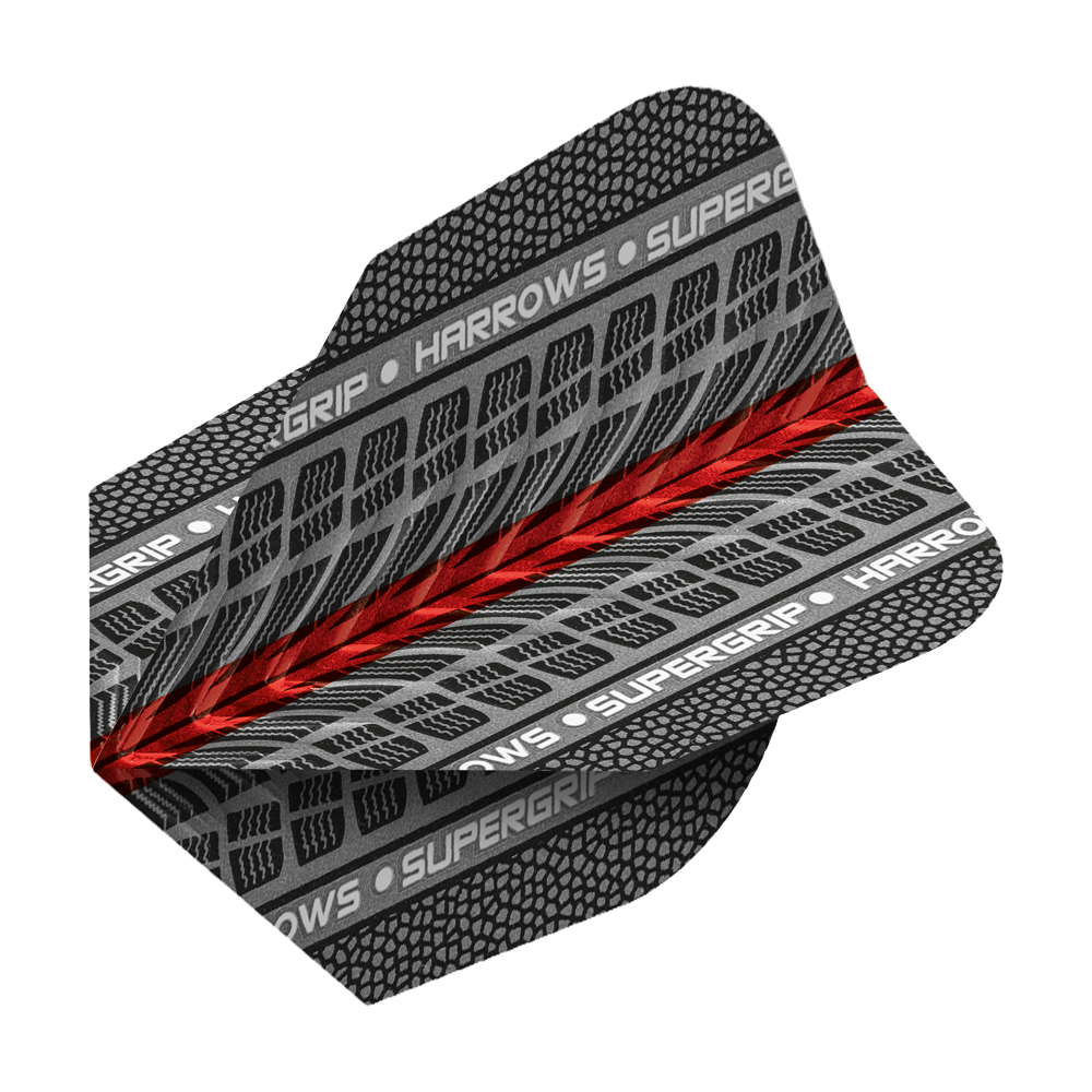 HR77_Harrows_Supergrip_Rot_No6_Flights_2 Dieses Bild zeigt das Produkt "Harrows Supergrip Rot No6 Flights". Die Dartflights sind grau-schwarz gemustert mit einem roten Streifen in der Mitte und tragen den Schriftzug "Harrows Supergrip".