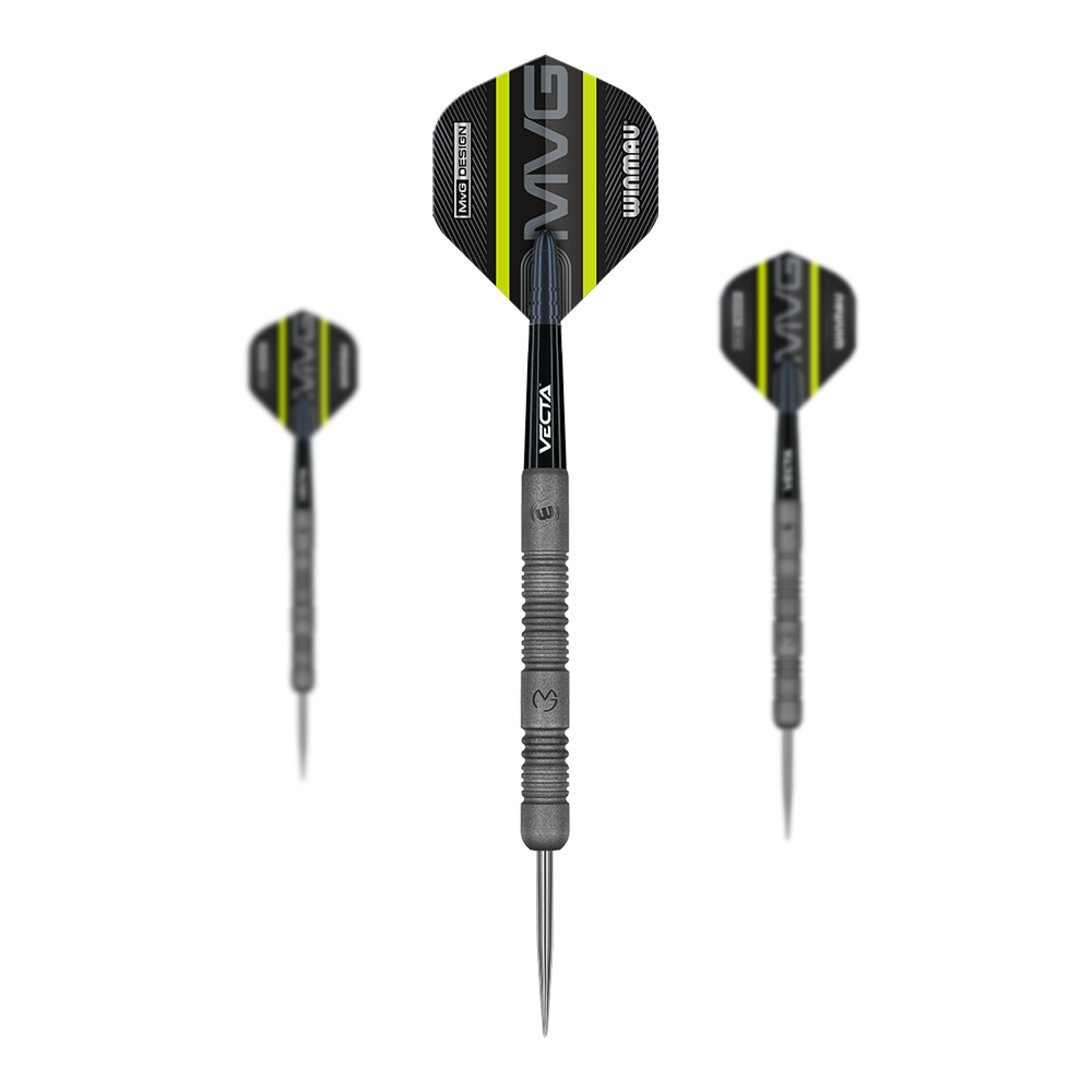 Winmau Michael Van Gerwen Exact Steeldarts Das Bild zeigt drei Winmau Michael Van Gerwen Exact Steeldarts. Die Darts haben schwarze und gelbe Flights mit der Aufschrift "MVG" und einen silbernen, geriffelten Schaft.