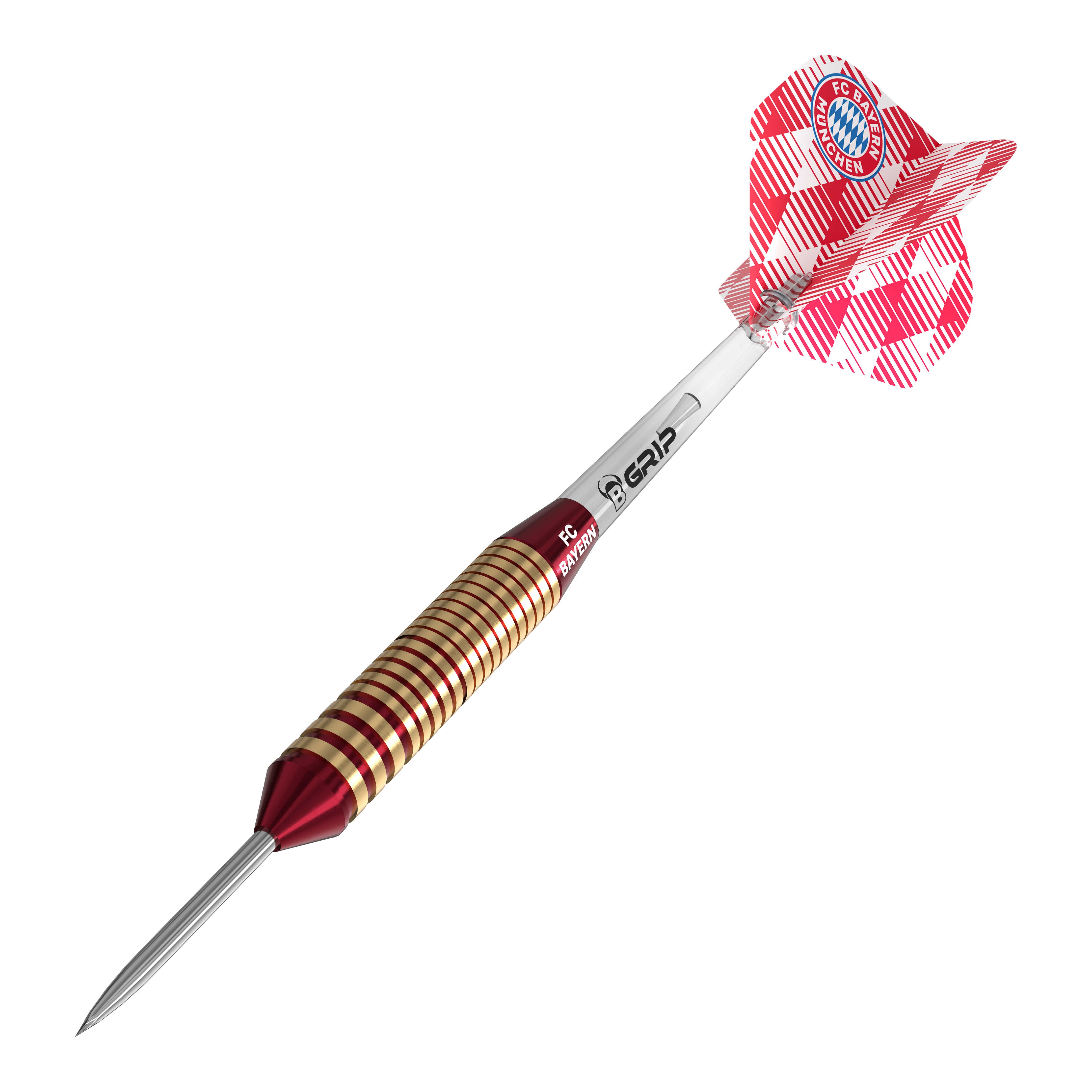 Hier sieht man die Bulls FC Bayern München Brass Steeldarts mit einem Gewicht von 21g. Sie sind für Steeldart geeignet und mit FC Bayern München Design gestaltet.