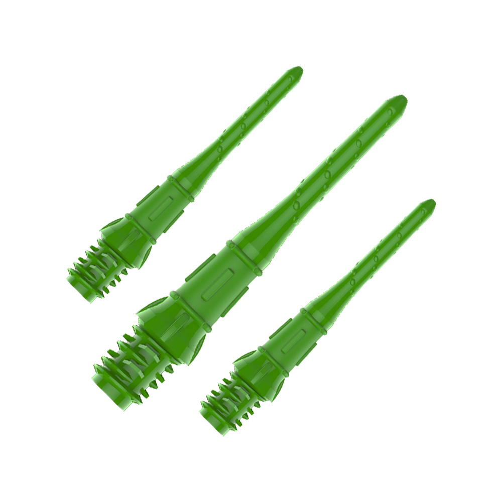 Das Bild zeigt drei grüne Dartspitzen aus Kunststoff. Sie sind nebeneinander angeordnet und auf einem transparenten Hintergrund dargestellt.