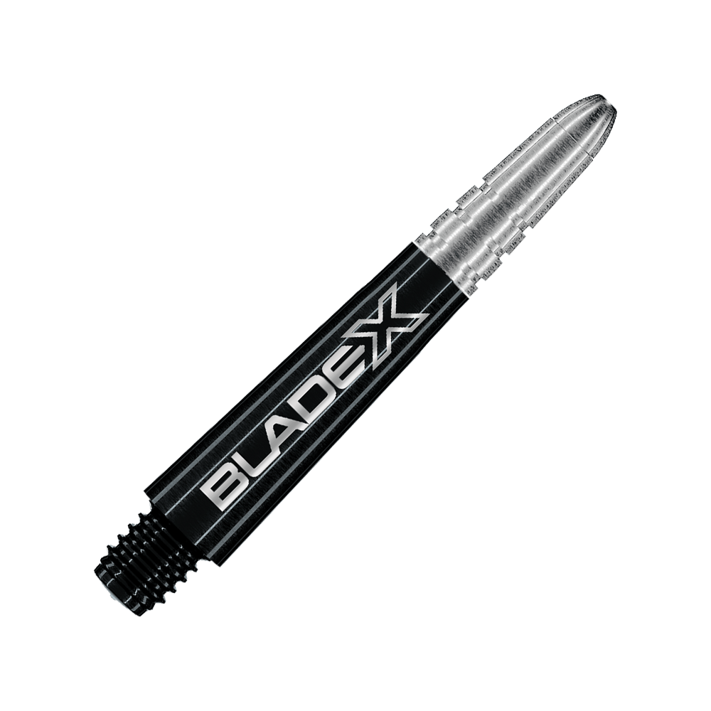 Winmau Vecta Blade X Shafts - Black Dargestellt ist ein schwarzer Dartshaft mit dem Namen Winmau Vecta Blade X, 34 mm. Dieses Objekt ist für die Verwendung mit Dartpfeilen gedacht.