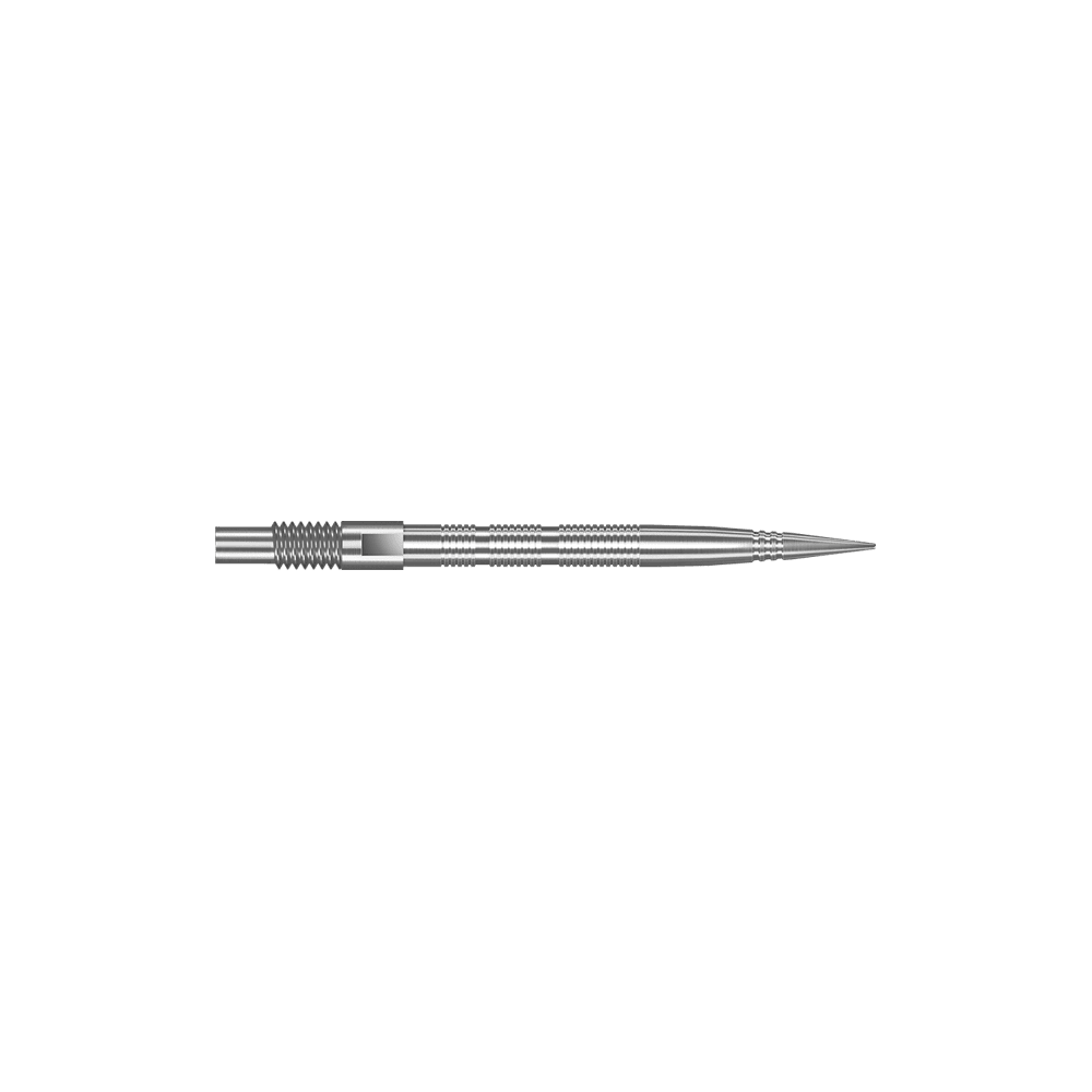 Das Bild zeigt Dartspitzen mit MicroRidge Struktur in Silber mit einer Länge von 26 mm. Die Dartspitzen sind nebeneinander angeordnet.