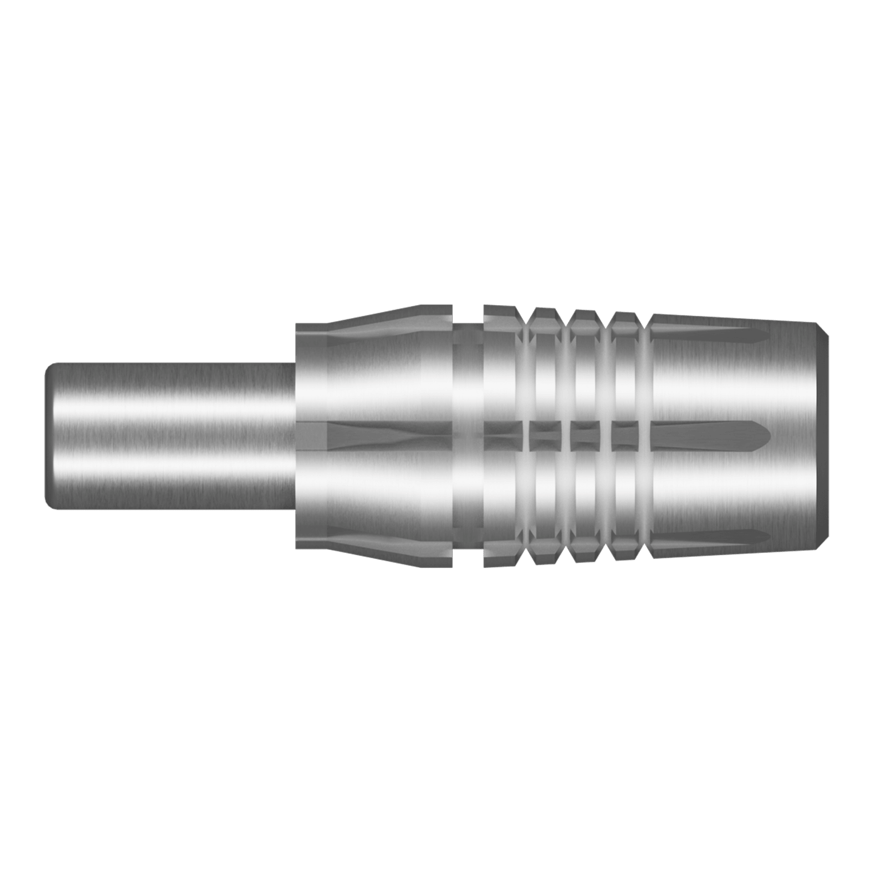 Shot Threadhead Point Adapter Zwei silberne Adapter für Dartspitzen werden dargestellt. Die Adapter sind metallisch glänzend.