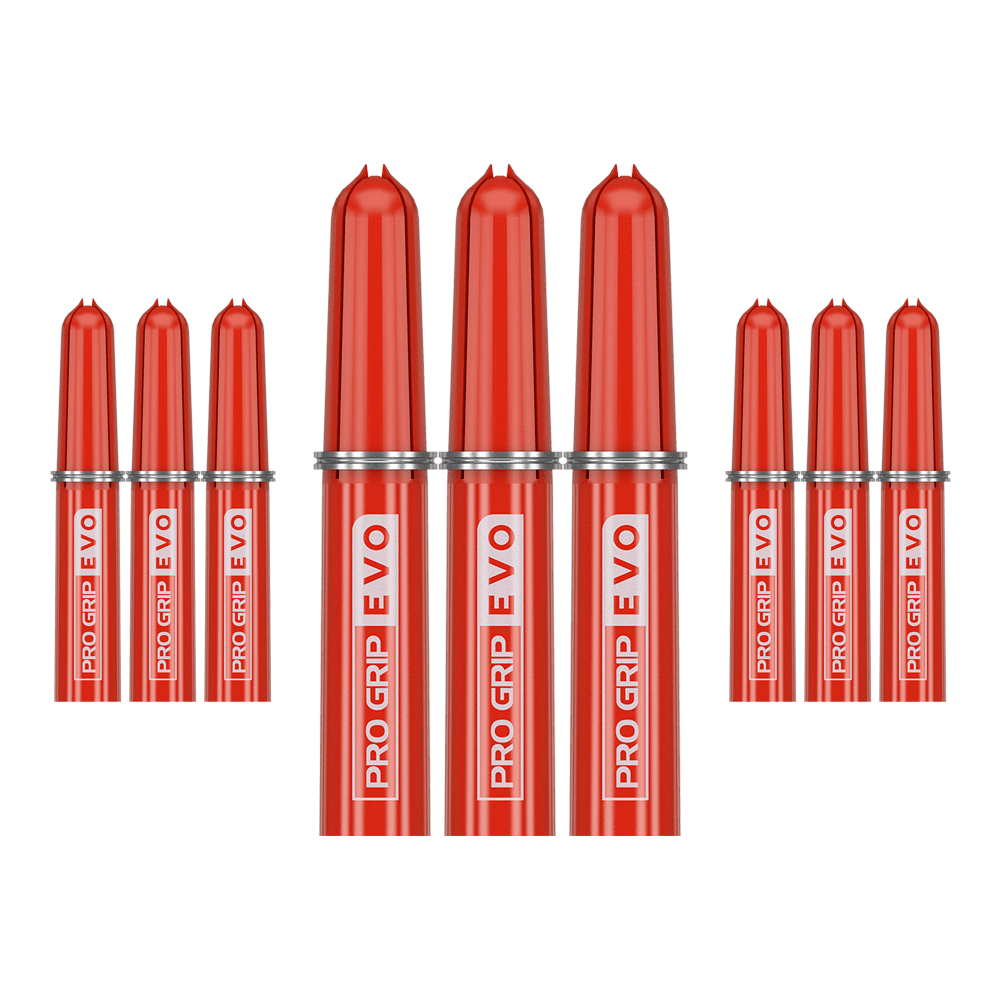Das Bild zeigt neun rote Ersatztops des Produkts "Target Pro Grip EVO" im 9er Pack. Die Aufschrift "PRO GRIP EVO" ist deutlich auf jedem Top zu sehen.