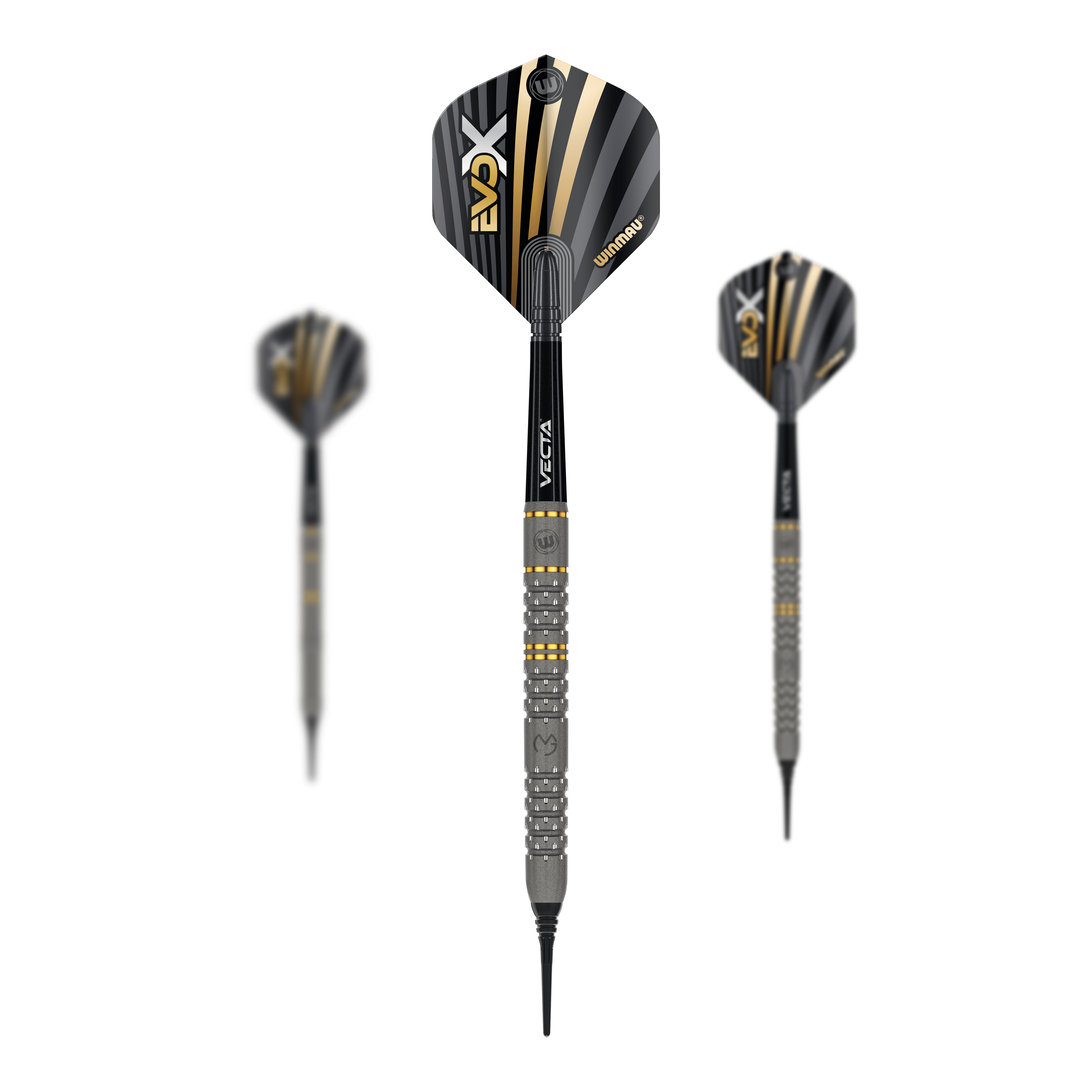 Winmau Michael Van Gerwen Evo-X soft darts - 20g Das Bild zeigt drei Winmau Michael Van Gerwen Evo-X Softdarts mit einem Gewicht von 20g. Die Darts haben ein modernes Design mit schwarzen, goldenen und silbernen Akzenten.