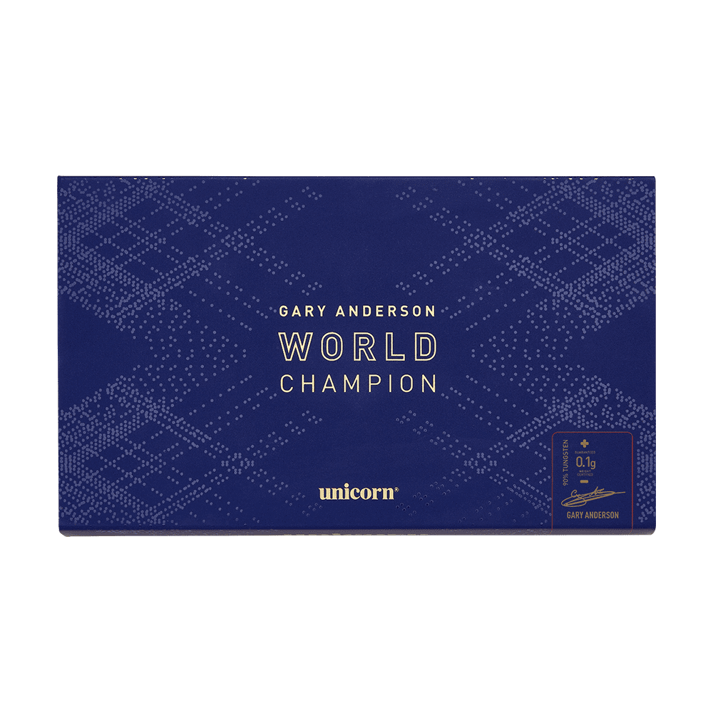 29030_Unicorn_World_Champion_Gary_Anderson_Phase_6_Steeldarts_3b Die Verpackung ist dunkelblau mit dem Text "Gary Anderson World Champion" in der Mitte. Unten steht das Logo "unicorn" und rechts befindet sich eine kleine goldene Box mit weiteren Informationen.