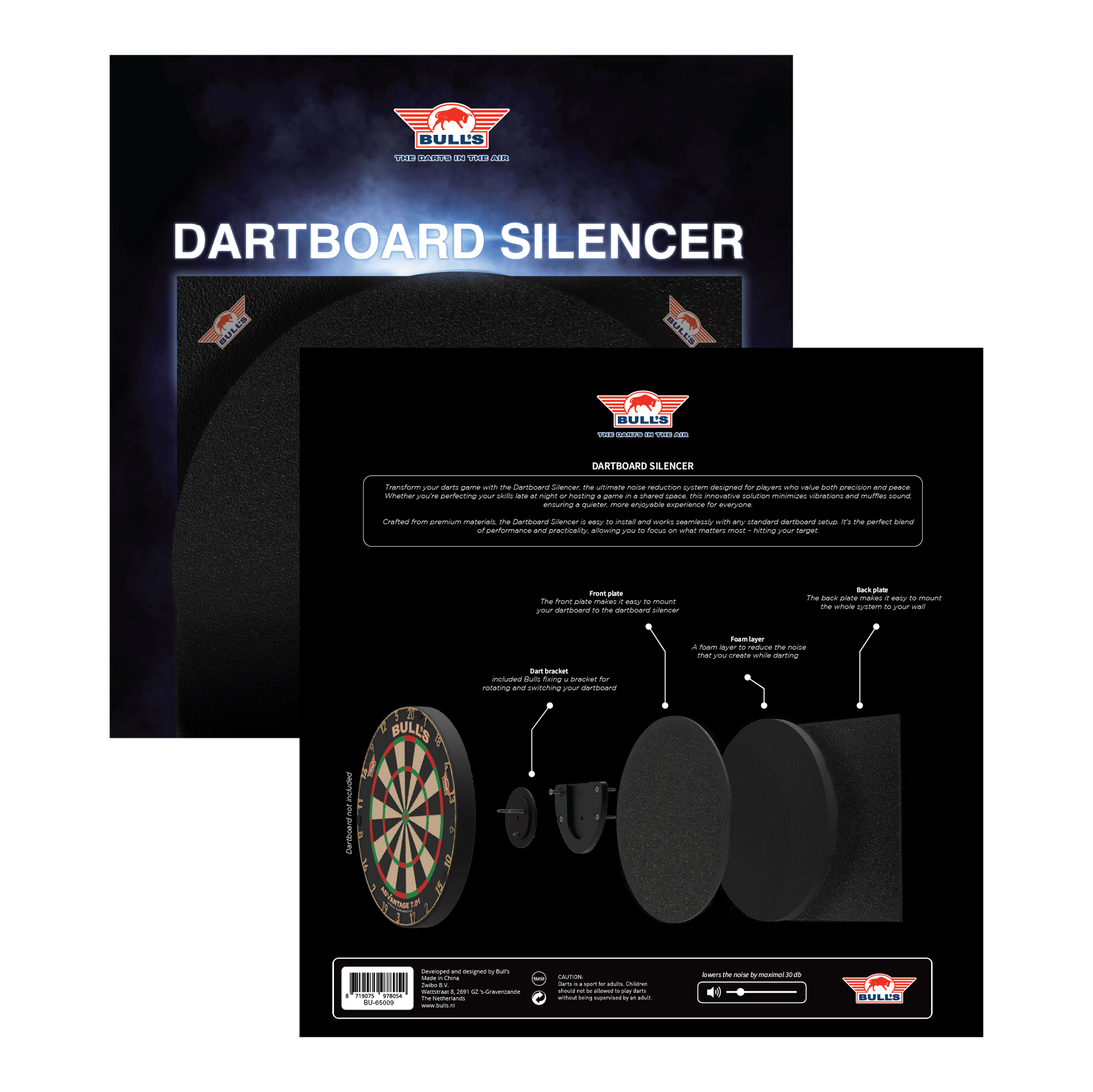 Bulls NL Dartboard Silencer Das Bild zeigt das Produkt "Bulls NL Dartboard Silencer" in seiner Verpackung. Auf der Rückseite ist eine Grafik abgebildet, die die einzelnen Komponenten und deren Funktionen erklärt.
