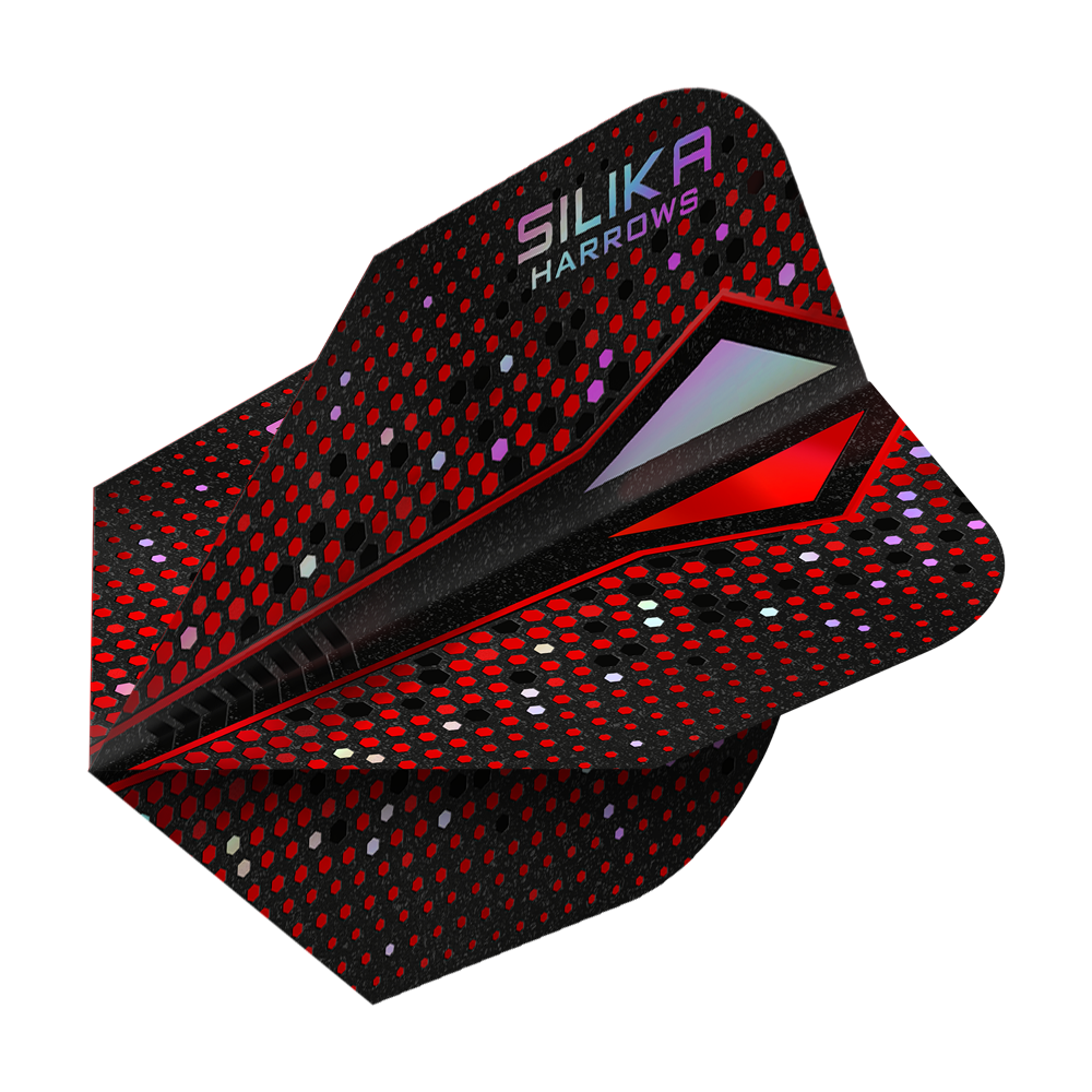 Harrows Silika Colorshift Tough Crystalline Coating Red-X No6 Flights Das Bild zeigt das Produkt "Harrows Silika Colourshift Tough Crystalline Coating Red-X No6 Flights". Die Dart-Flights sind überwiegend schwarz mit roten und bunten Punkten und haben einen modernen, glänzenden Look.