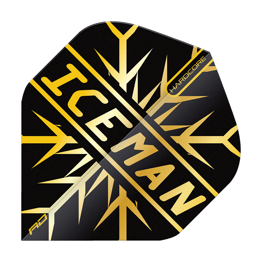 TF6844_Red_Dragon_Hardcore_Gerwyn_Price_Gold_Snowflake_Standard_Flights_1G0TLHM1TXTo8F Das Bild zeigt das Produkt "Red Dragon Hardcore Gerwyn Price Gold Snowflake Standard Flights". Es ist ein schwarzes Dart Flight mit goldenen Schneeflocken-Elementen und dem Schriftzug "ICEMAN".