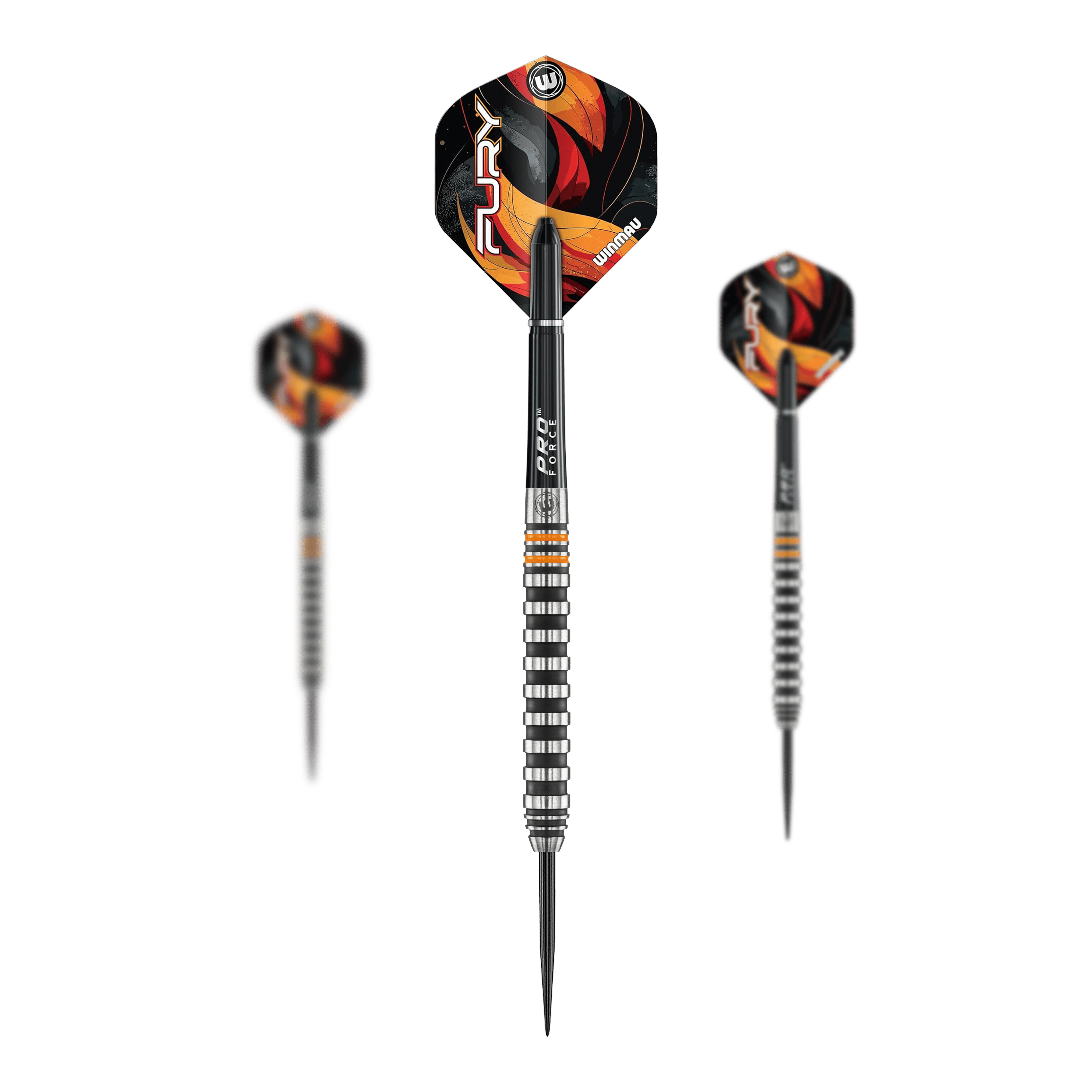 Das Bild zeigt die Winmau Fury Steeldarts mit einem Gewicht von 22g. Diese Darts sind für Steeldartspieler geeignet.