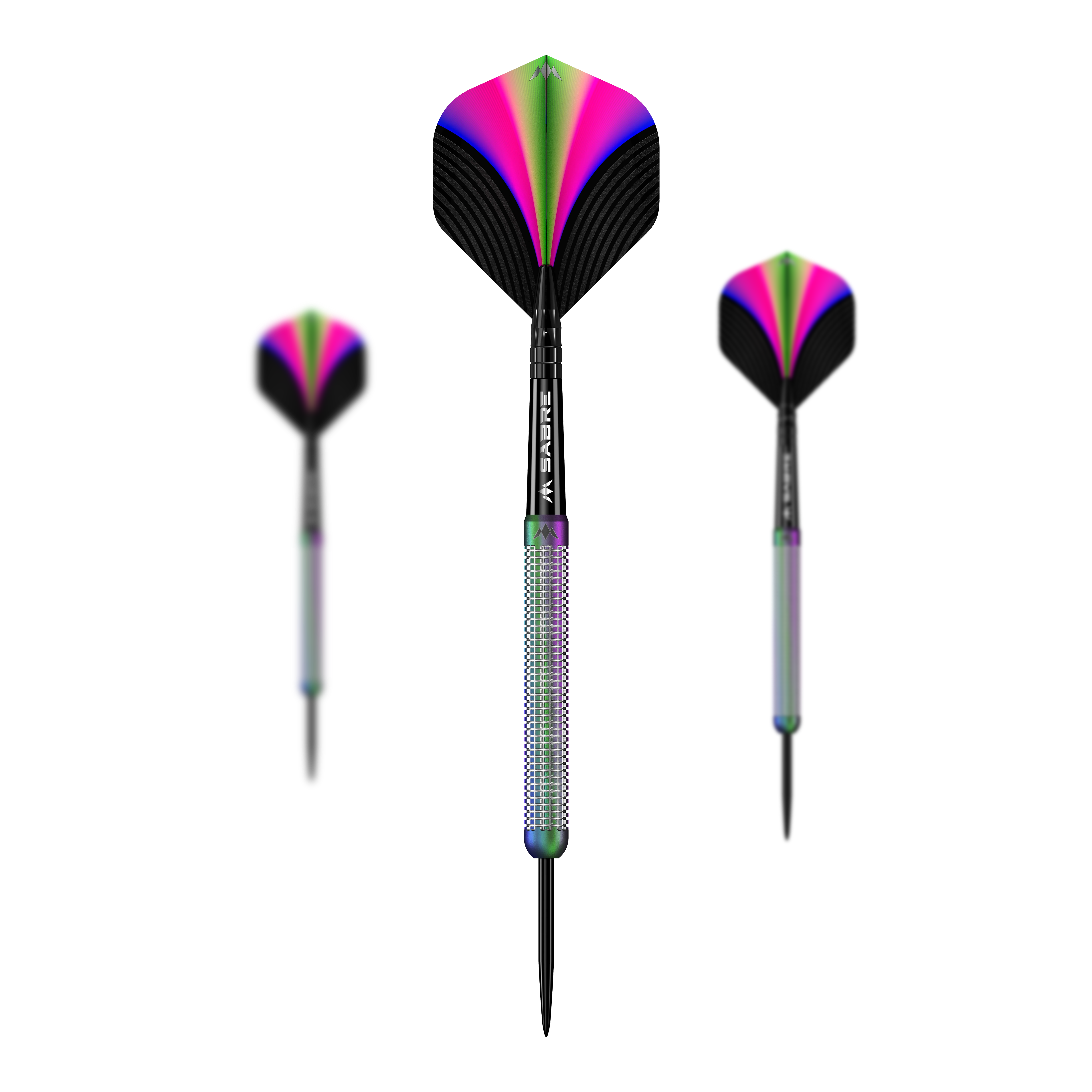 Mission Aurora Coral PVD steel darts - 23g Die Abbildung zeigt die "Mission Aurora Coral PVD Steeldarts - 23g". Die Darts haben ein farbenfrohes Design in Pink, Grün und Schwarz mit einem glänzenden Griff.