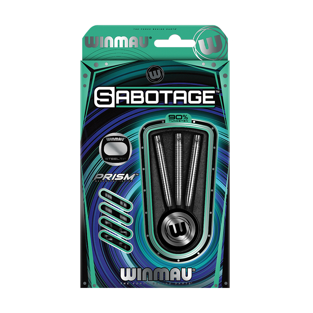 Auf dem Bild ist die Verpackung der Winmau Sabotage Steeldarts zu sehen. In der Packung befinden sich drei Darts aus 90% Tungsten.