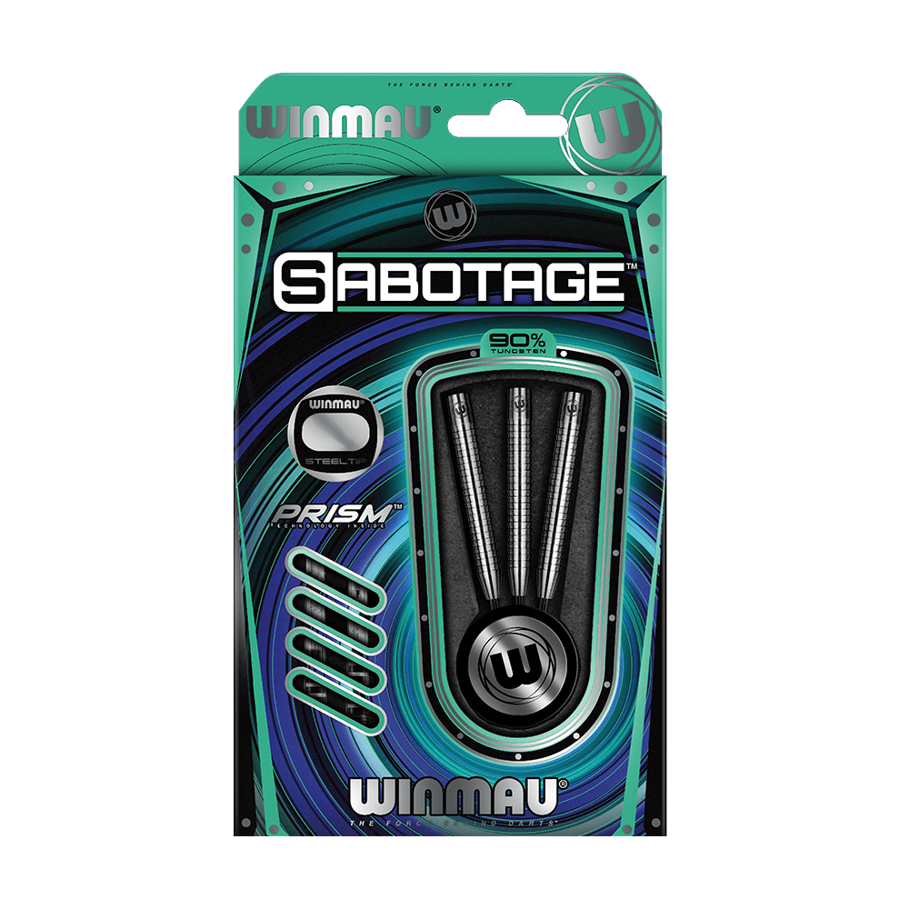 1086-20_Winmau_Sabotage_Steeldarts_3 Auf dem Bild ist die Verpackung der Winmau Sabotage Steeldarts zu sehen. In der Packung befinden sich drei Darts aus 90% Tungsten.
