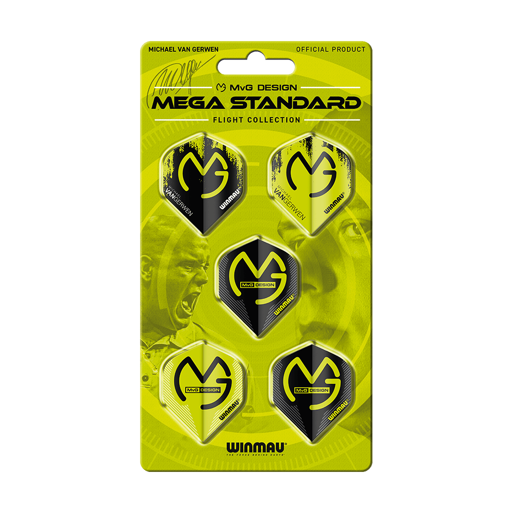 8121_Winmau_MvG_Mega_Flight_Collection_1 Das Bild zeigt das Produkt "Winmau MvG Mega Flight Collection" in einer gelb-schwarzen Verpackung. Es enthält fünf Dart-Flights mit dem MvG-Design.