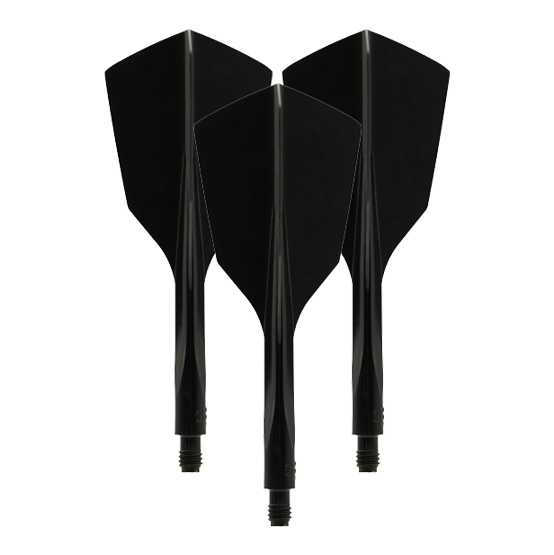 Das Bild zeigt drei schwarze, schmale Dartflights des Modells "Condor Axe 120 Flight-System". Sie sind nebeneinander mit der Spitze nach unten ausgerichtet.