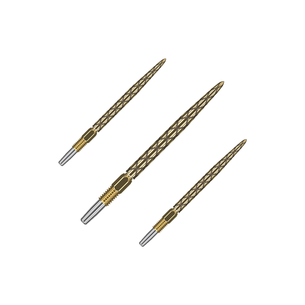 Target Swiss Diamond Pro Gold dart tips Goldene Dartspitzen mit matter Struktur liegen nebeneinander. Das Set ist auf einem hellen Hintergrund platziert.