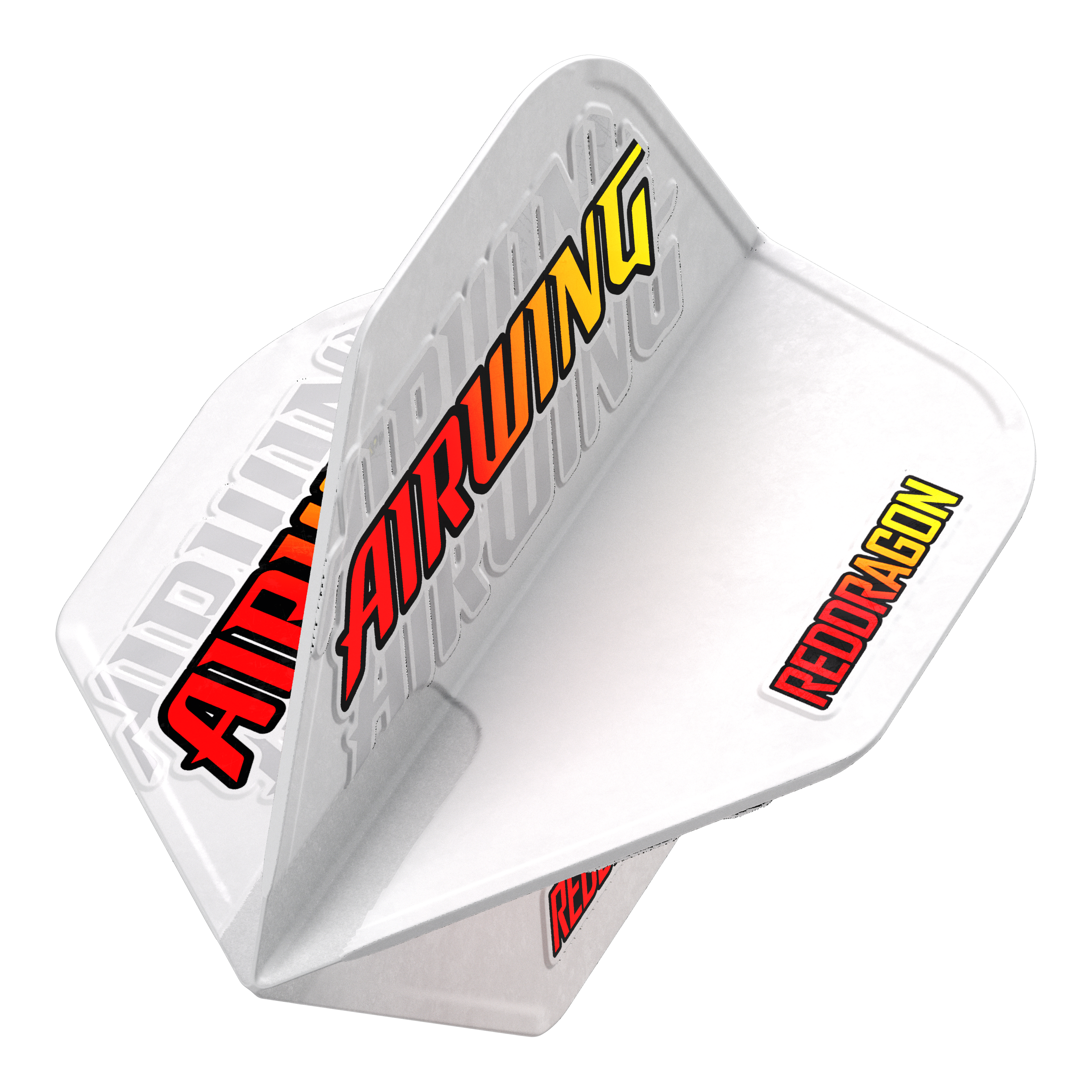 Red Dragon Airwing Red Logo Standard Flights Das Bild zeigt das Produkt "Red Dragon Airwing Red Logo Standard Flights" für Darts. Die Flights sind weiß mit den auffälligen Schriftzügen "AIRWING" und "REDDRAGON" in rot und gelb.