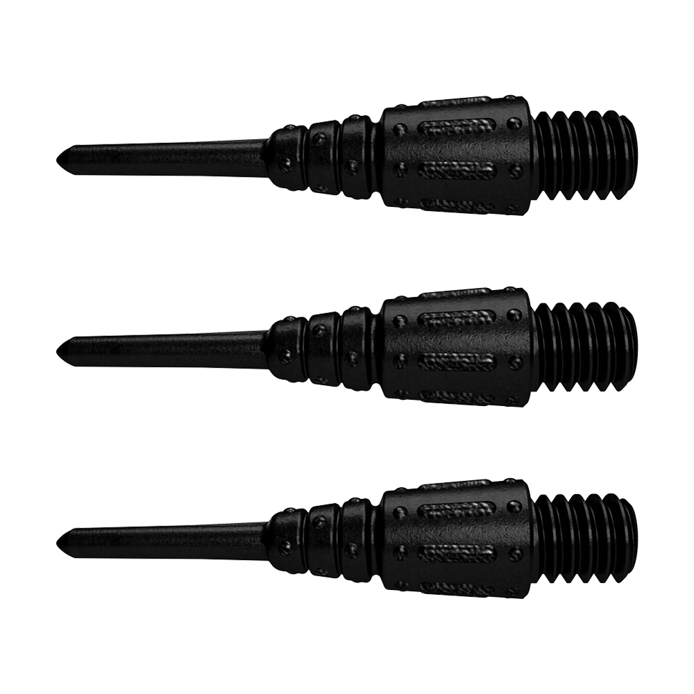 UN40080-Unicorn-Epic-Soft-Tip-Points-Black-0 Das Bild zeigt drei schwarze Soft-Tip Spitzen für Dartpfeile. Es handelt sich um das Produkt "Unicorn Epic Soft Tip Points Black - 100er Pack".