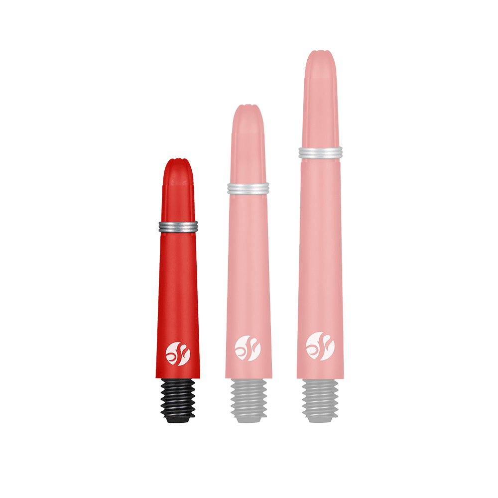 Shot Koi Carbon Shafts - Red Das Bild zeigt drei rote Dartschäfte in unterschiedlichen Längen. Jeder Schaft hat einen schwarzen Gewindeansatz und einen silbernen Ring.