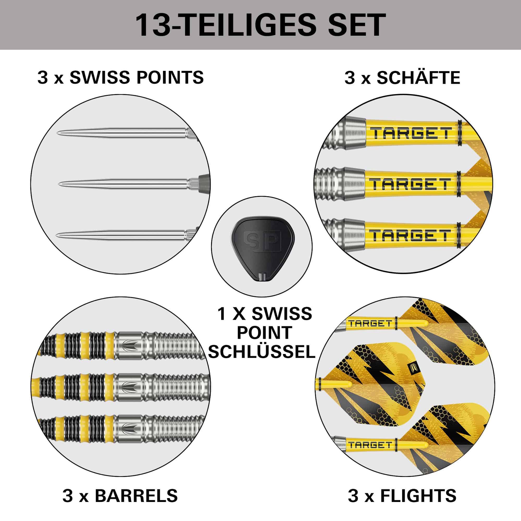Target Buzz 03 Swiss Points steel darts Auf diesem Bild sieht man die Target Buzz 03 Swiss Points Steeldarts. Sie sind für ambitionierte Dartspieler geeignet.