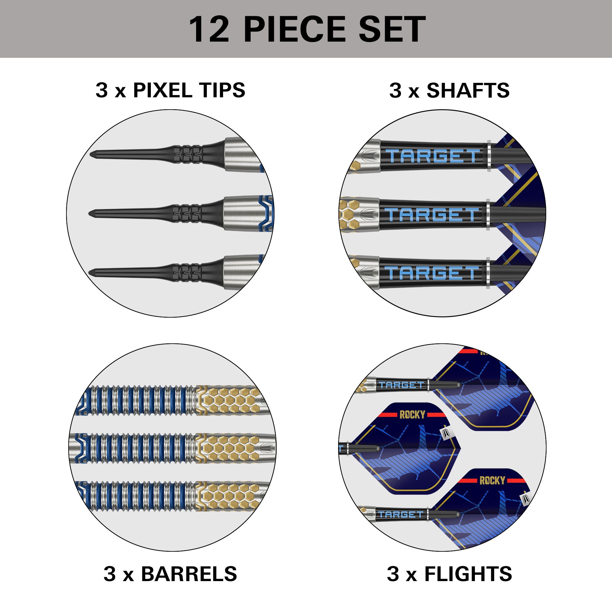 Target Josh Rock GEN1 Soft Darts - 20g Dieses Bild zeigt das Produkt "Target Josh Rock GEN1 Softdarts - 20g" als 12-teiliges Set. Es enthält 3 Pixel-Spitzen, 3 Schäfte, 3 Barrels und 3 Flights.