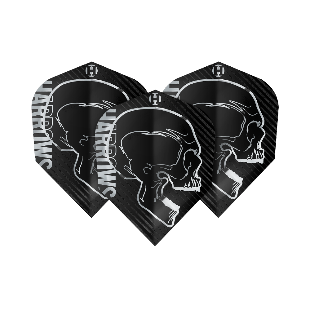 Harrows Rage Silver No6 Flights Das Bild zeigt drei schwarze Dart Flights mit einem weißen Totenkopf-Design und dem Schriftzug "Harrows". Es handelt sich um das Produkt "Harrows Rage Silver No6 Flights".