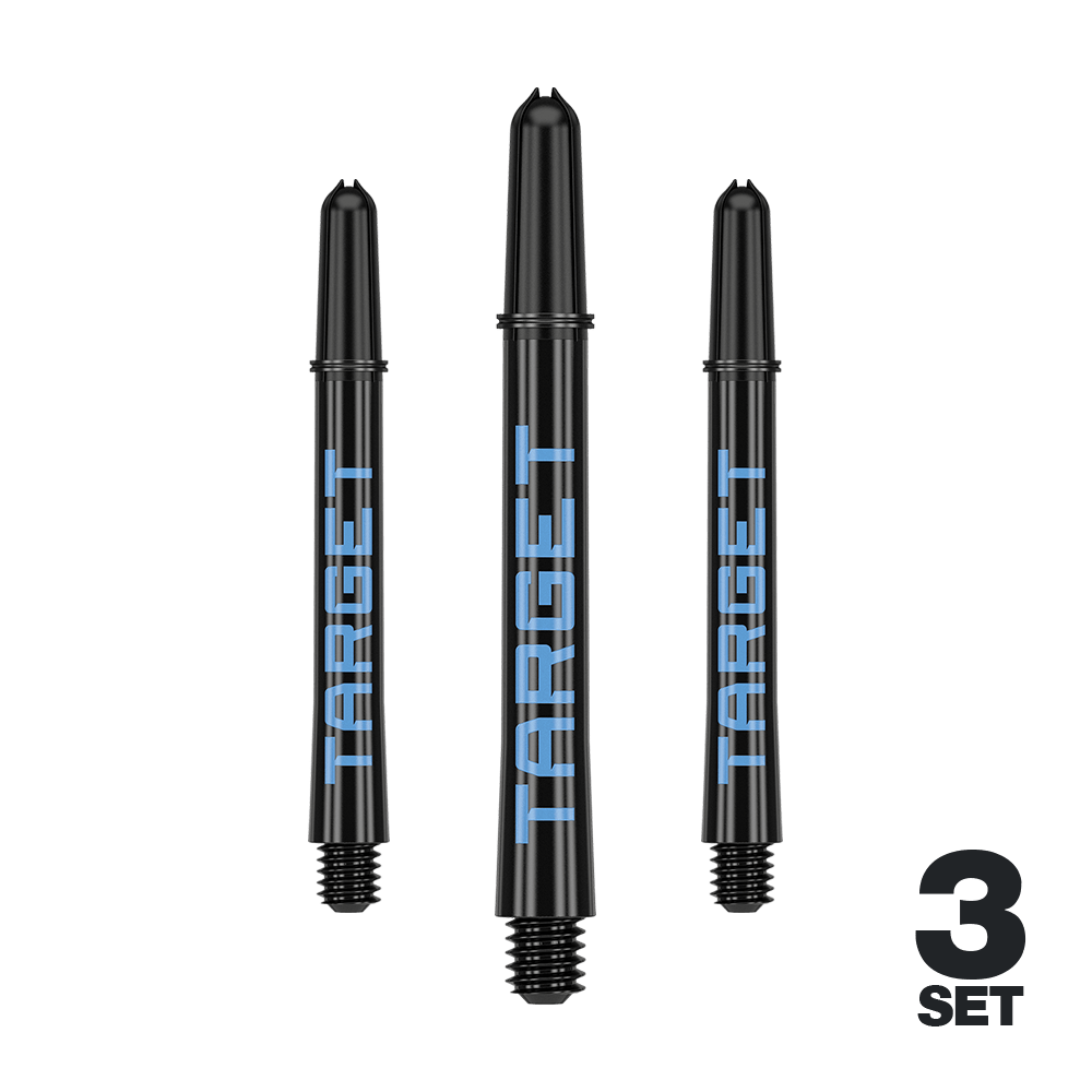 Target Pro Grip TAG Shafts - 3 Sets - Black Blue Das Bild zeigt drei schwarze Dartschäfte mit blauer "TARGET"-Aufschrift. In der rechten unteren Ecke steht "3 SET".