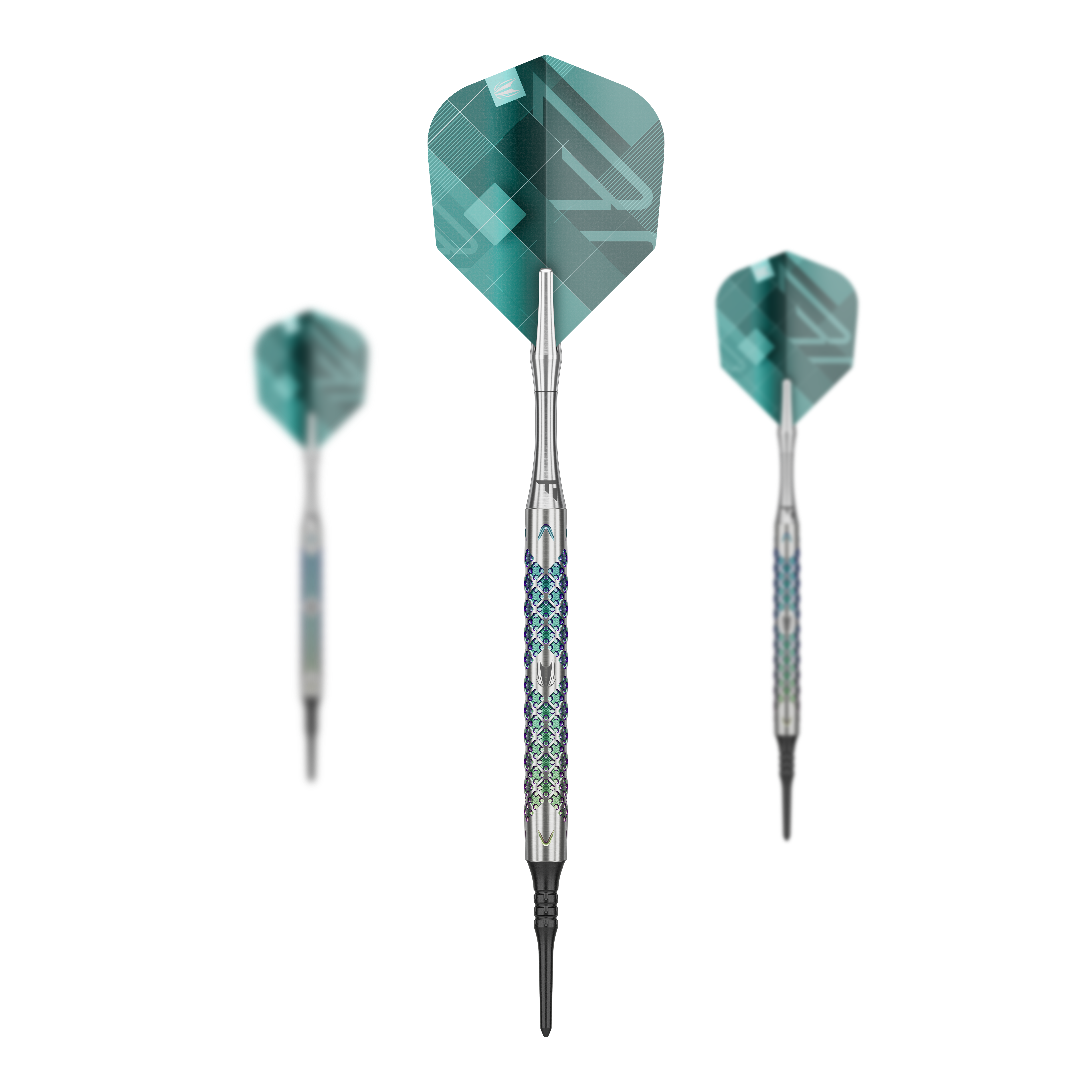 Target Rove 10 Soft Darts Das Set Target Rove 10 Softdarts zeigt mehrere Darts zusammen. Die Produkte sind gleichmäßig angeordnet.