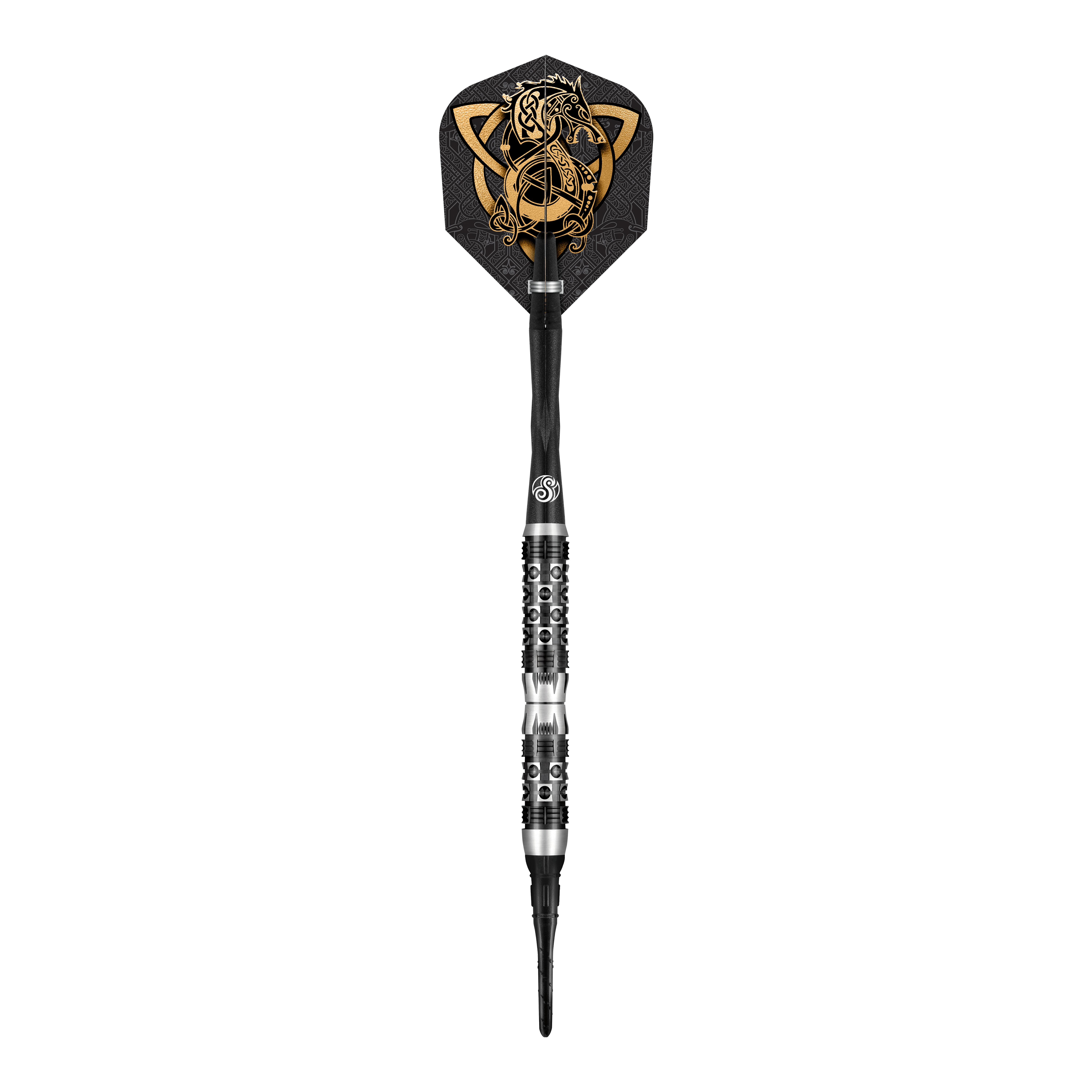 Shot Viking Wolf soft darts - 20g Dies ist ein Softdart namens "Shot Viking Wolf Softdarts - 20g". Der Dartpfeil hat ein auffälliges schwarzes und silbernes Design mit einem goldenen Wikinger-Wolf auf der Flights.