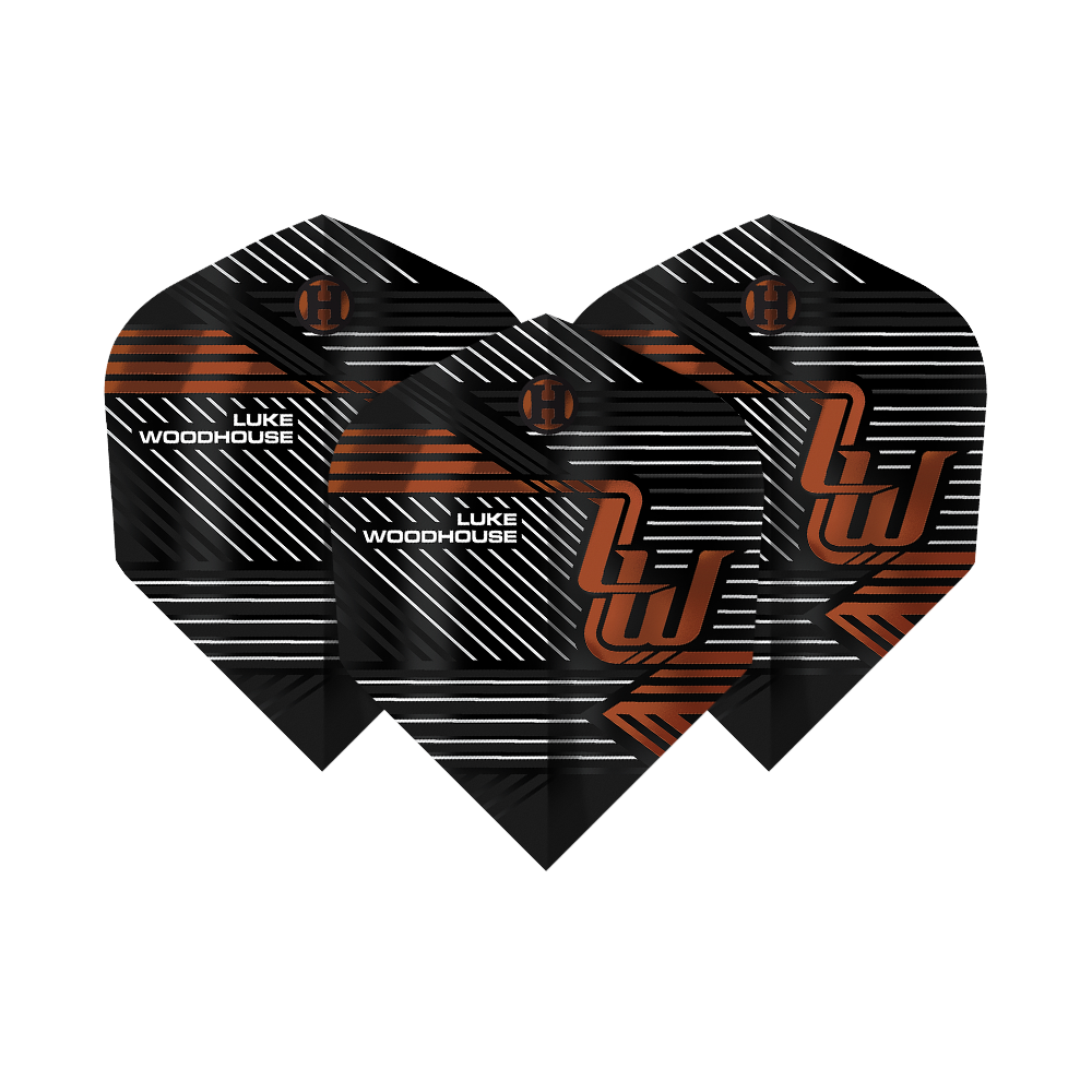 Harrow's Luke Woodhouse Series 2 Flights Das Bild zeigt die Harrows Luke Woodhouse Series 2 Flights. Die Flights sind überwiegend schwarz mit weißen und orangefarbenen Linien sowie dem Namen "Luke Woodhouse" aufgedruckt.