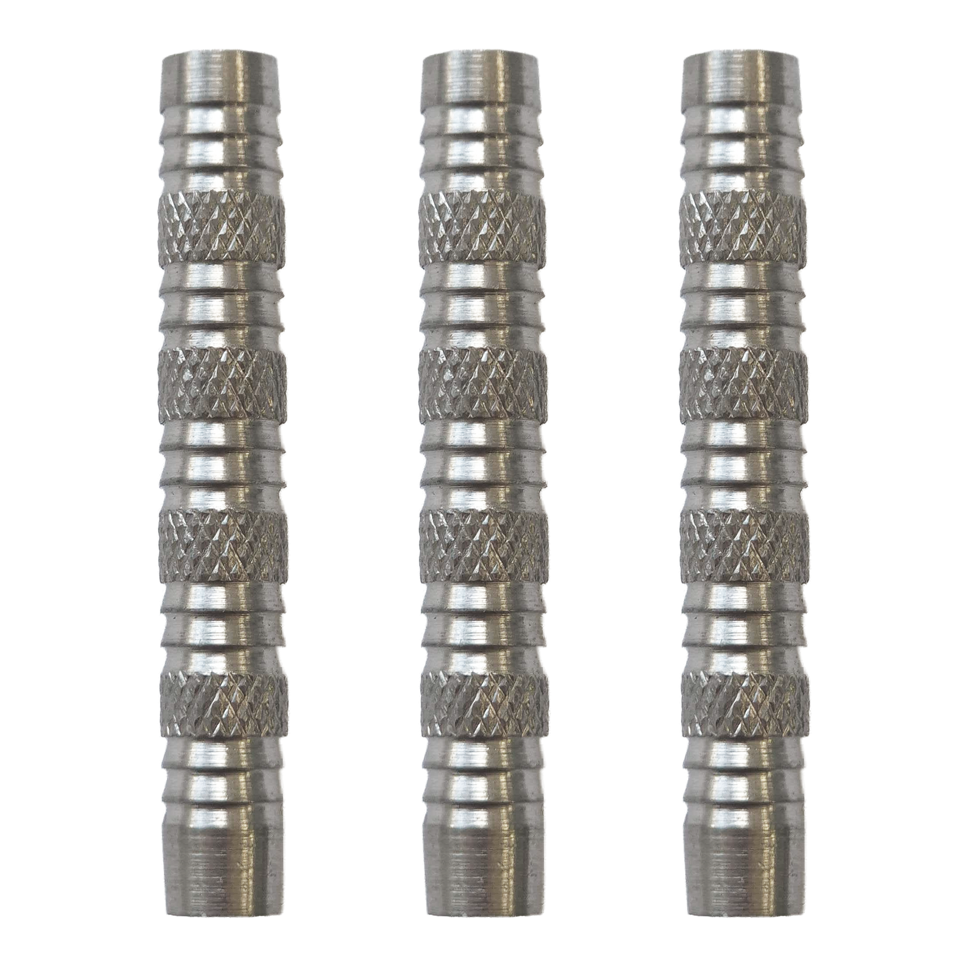 Hier sieht man McDart Knurled Shark Softdart Barrels - 18g als Set. Die Dart-Barrels sind silbern und haben ein markantes Rillenmuster.