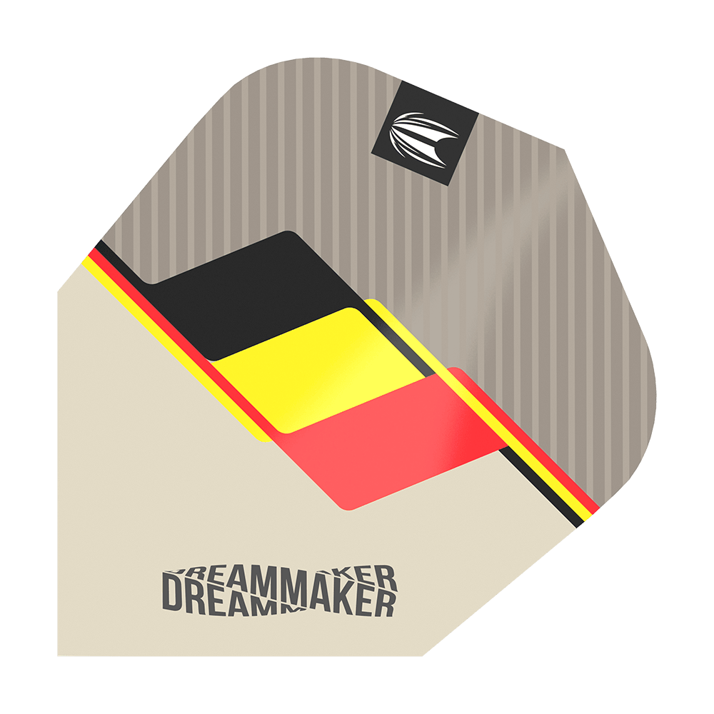 TG78_336510_Target_Pro_Ultra_Dimitri_Van_Den_Bergh_2022_Ten-X_Flights_1 Auf dem Bild ist ein Dart-Flight des Produkts "Target Pro Ultra Dimitri Van Den Bergh TenX" zu sehen. Das Design zeigt die Farben der belgischen Flagge und das Wort "DREAMMAKER".