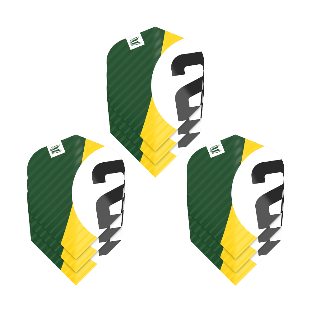 337209_Target_ProUltra_3Sets_Chicane_Green_Ten-X_Flights_15KQWYVBD6RFZ7 Das Bild zeigt drei Sätze Target Pro Ultra Chicane Green Ten-X Flights. Die Flights sind in den Farben Grün, Gelb, Weiß und Schwarz gestaltet.
