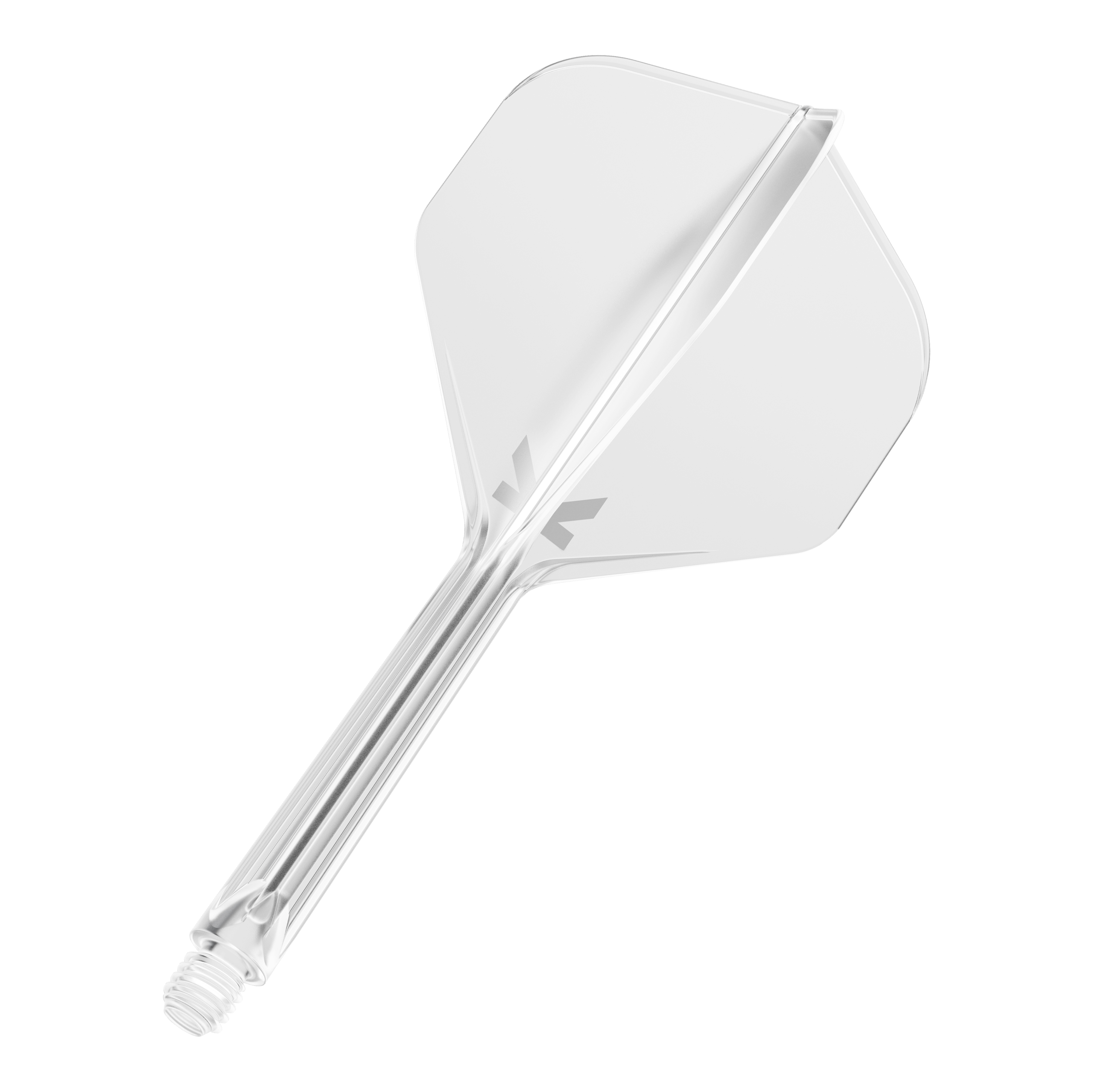 Target K-Flex No2 Standard Flight System - Clear Das Bild zeigt einen klaren Dart-Flight mit integriertem Schaft. Das Design ist schlicht und durchsichtig, mit einem kleinen grauen Logo auf dem Flight.