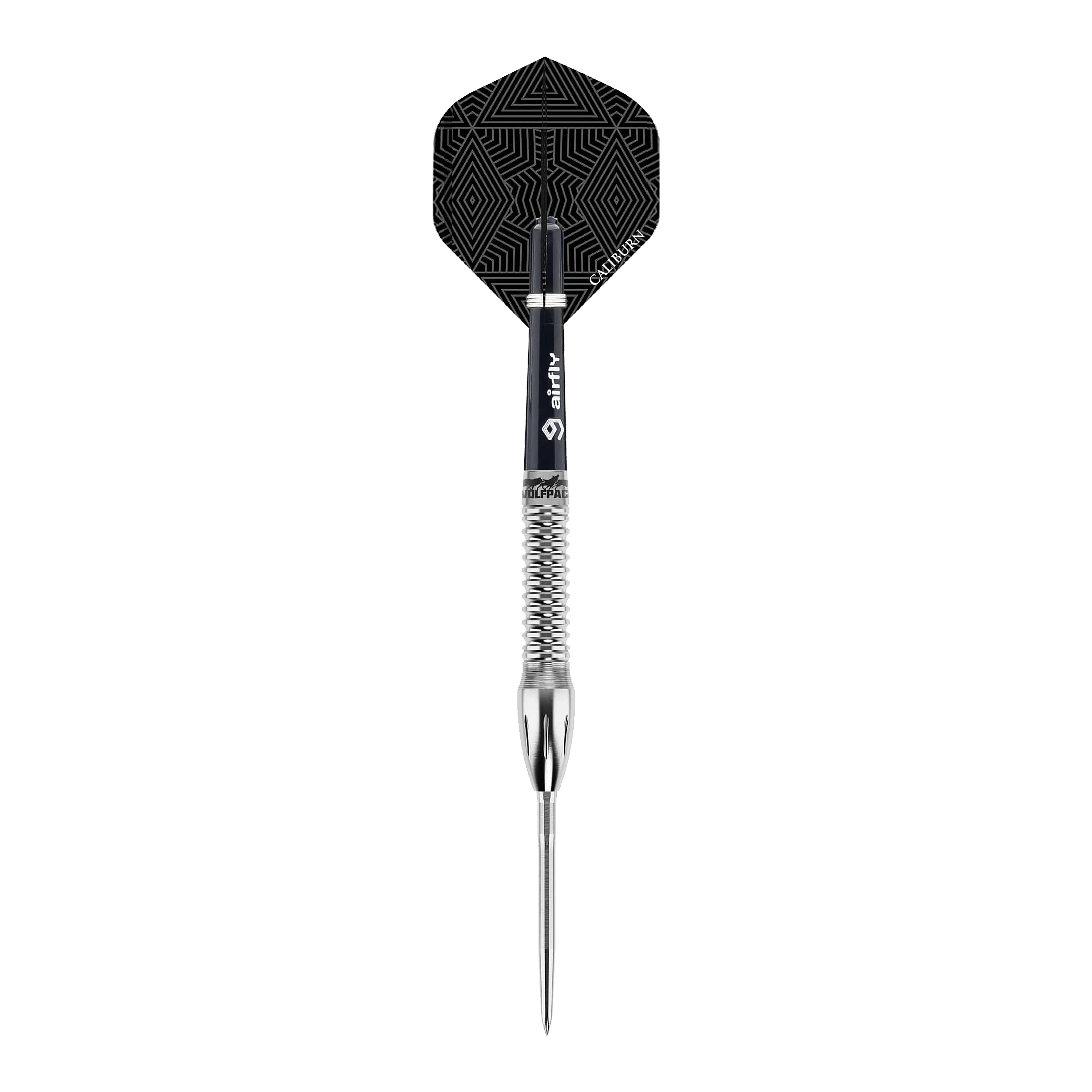 Caliburn Wolfpack W4 steel darts - 20g Das Bild zeigt einen Caliburn Wolfpack W4 Steeldart mit einem Gewicht von 20g. Der Dart hat ein silbernes Griffstück und einen schwarz gemusterten Flight.