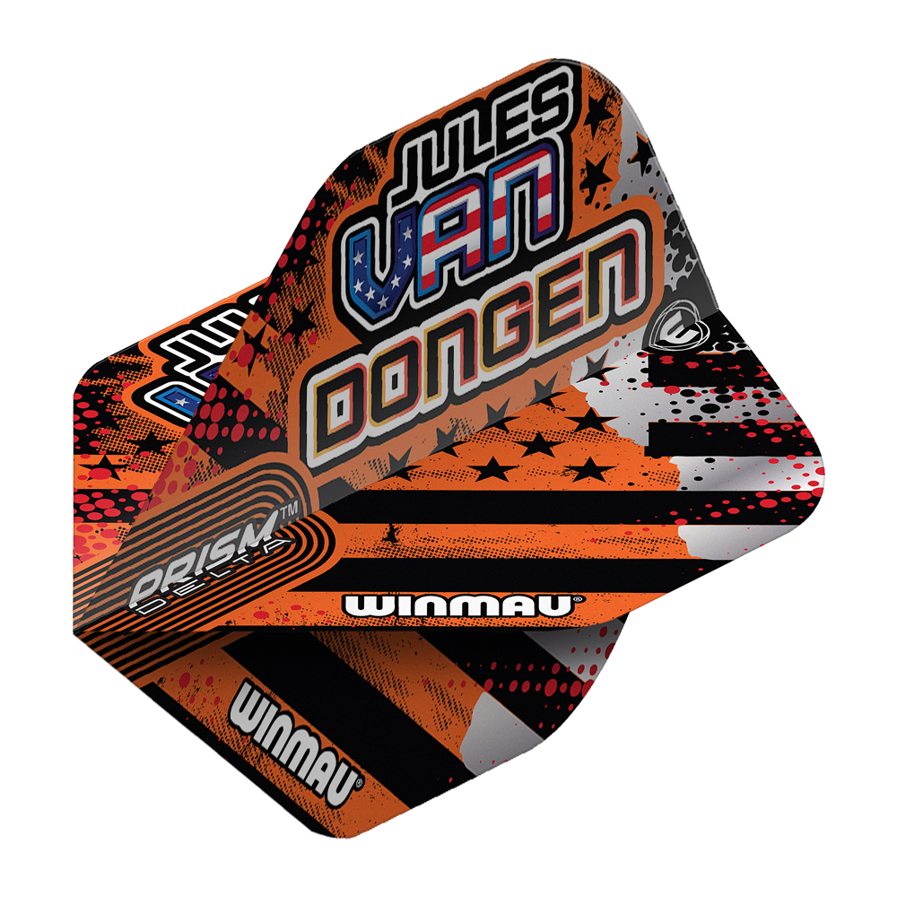 Das Bild zeigt die Winmau Prism Delta Jules Van Dongen Standard Flights. Die Flights haben ein auffälliges Design mit orangenen, schwarzen und weißen Farben sowie dem Namen "Jules Van Dongen" aufgedruckt.