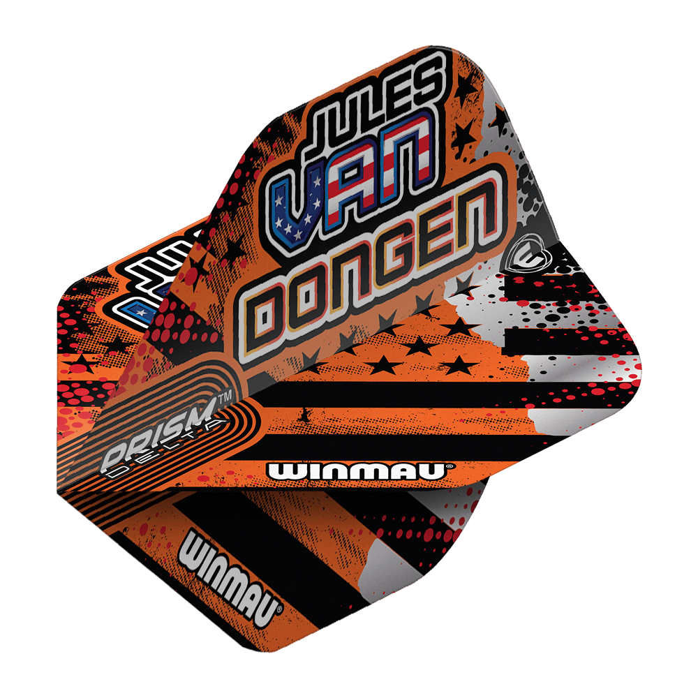 Winmau Prism Delta Jules Van Dongen Standard Flights Das Bild zeigt die Winmau Prism Delta Jules Van Dongen Standard Flights. Die Flights haben ein auffälliges Design mit orangenen, schwarzen und weißen Farben sowie dem Namen "Jules Van Dongen" aufgedruckt.