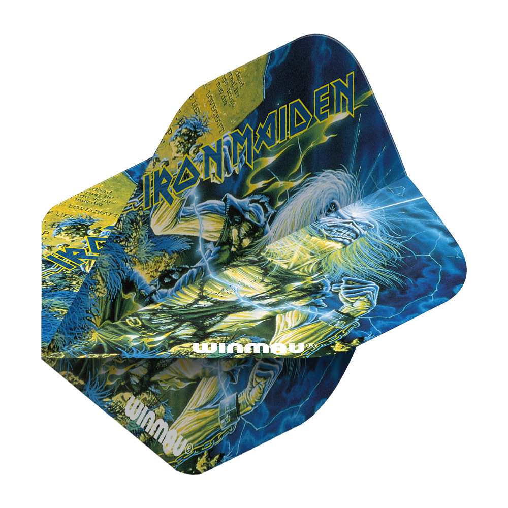 Das Bild zeigt die Winmau Iron Maiden Life After Death Standard Flights mit auffälligem Iron Maiden Coverdesign. Die Flights sind bunt gestaltet und tragen das Winmau-Logo.
