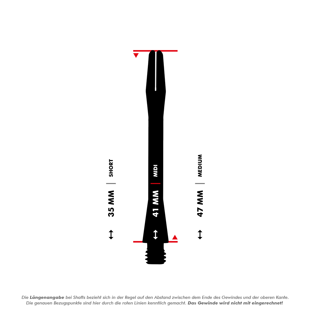HR366_Harrows_Keramic_Shafts_5_41mmBkJzGr3St4ODa Das Bild zeigt die Harrows Keramic Shafts in Matt-Schwarz mit unterschiedlichen Längen. Die Längenangaben sind 35 mm (Short), 41 mm (Midi) und 47 mm (Medium).